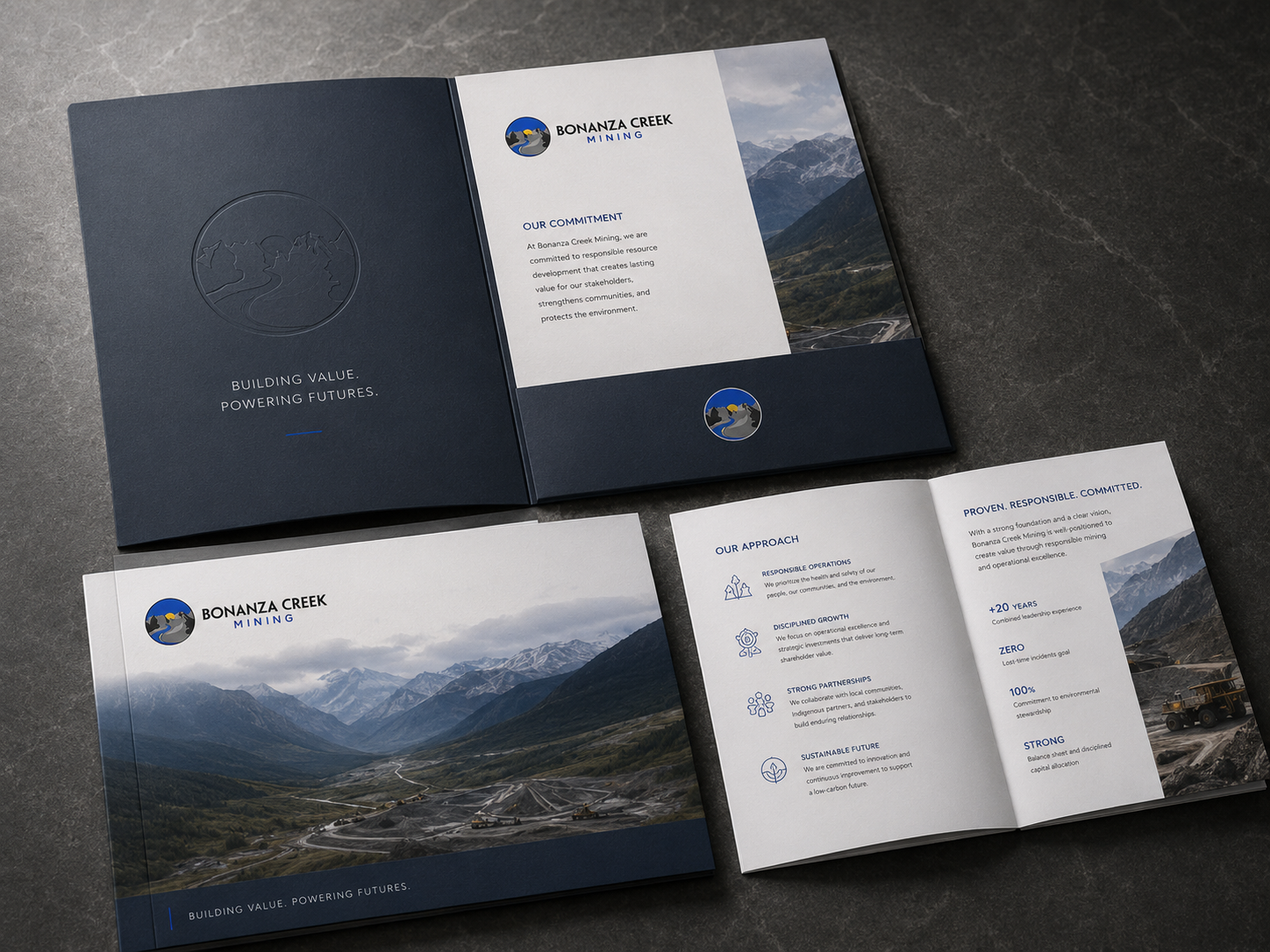 Bonanza Creek Mining corporate brochure and printed marketing materials featuring the new visual identity.Bonanza Creek Mining stationery system including letterhead, envelope, business card and branded pen.