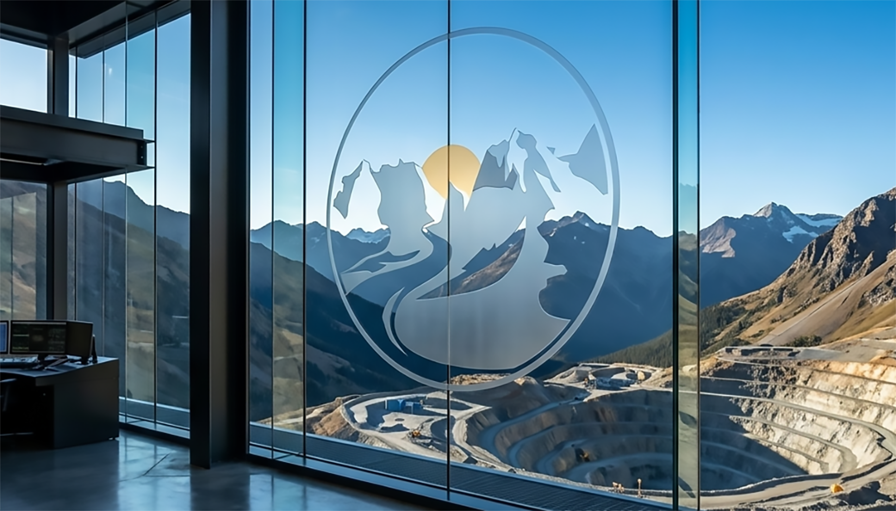 Bonanza Creek Mining logo applied to glass entrance doors with a mountain landscape in the background.