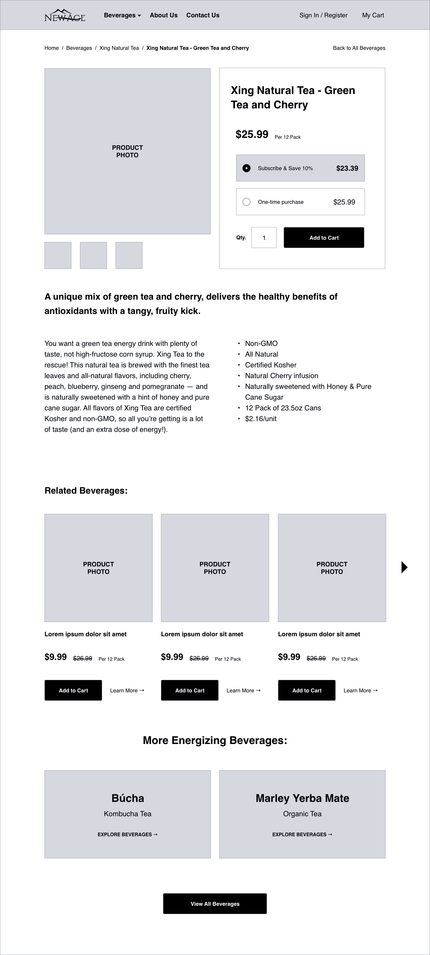 New Age Beverages — Product Detail Page Wireframe