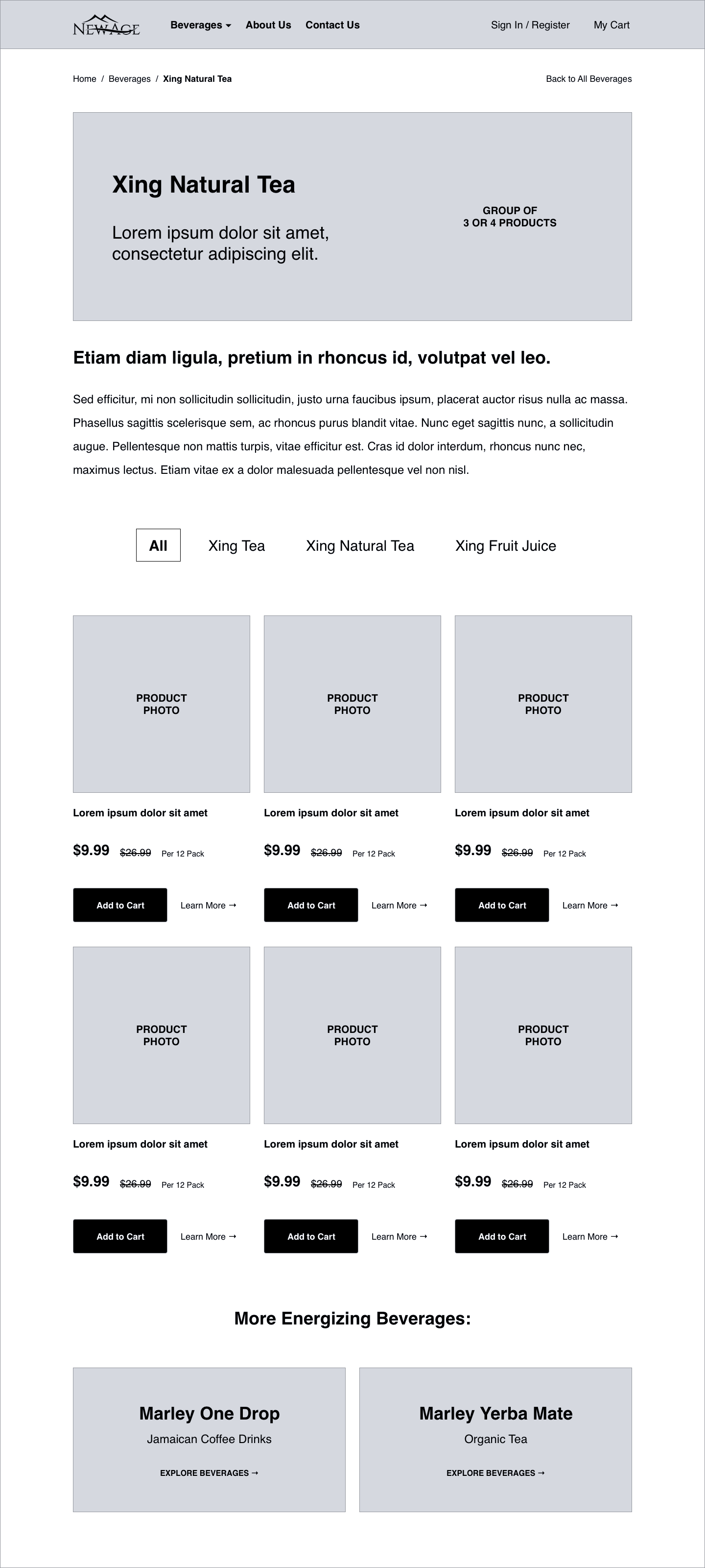 New Age Beverages — Product Category Page Wireframe