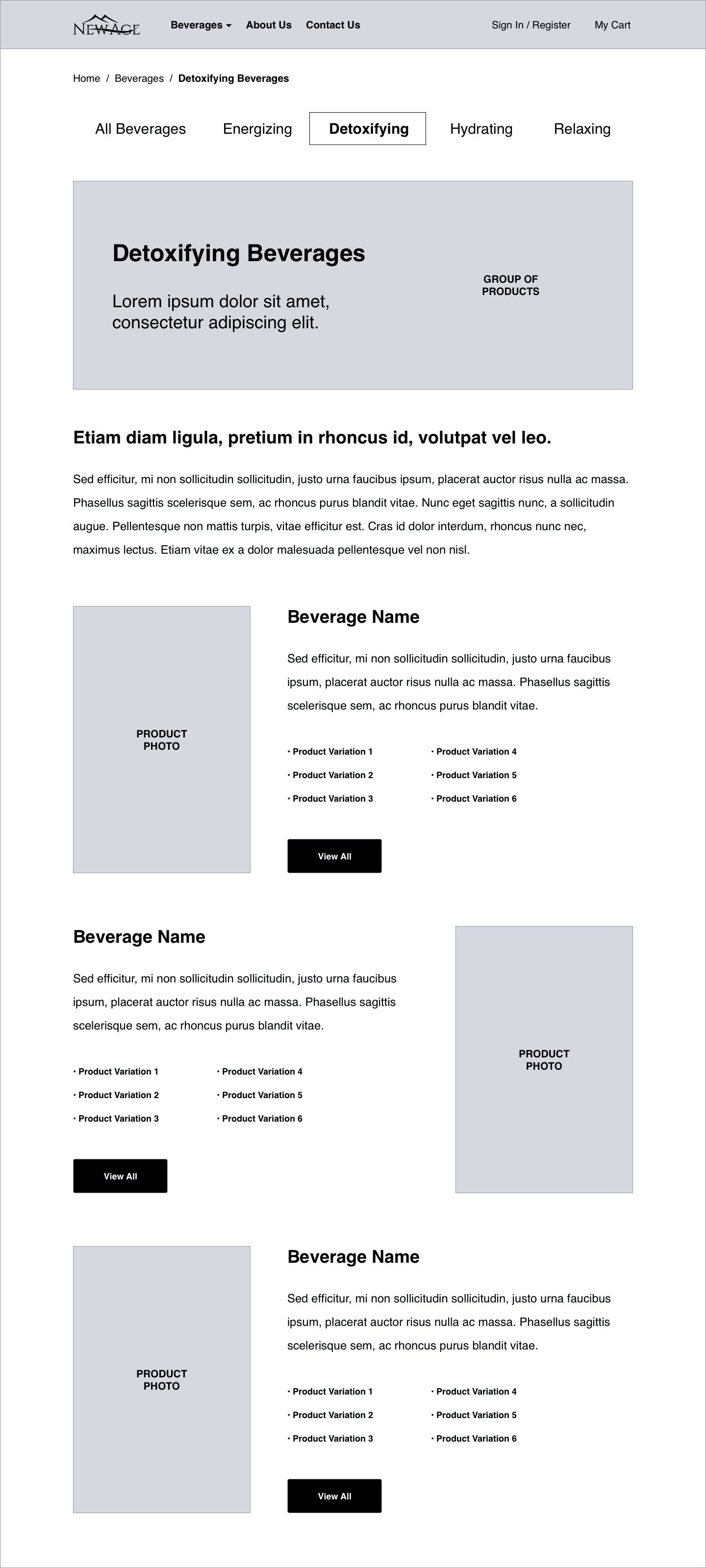 New Age Beverages — Product Type Landing Page Wireframe