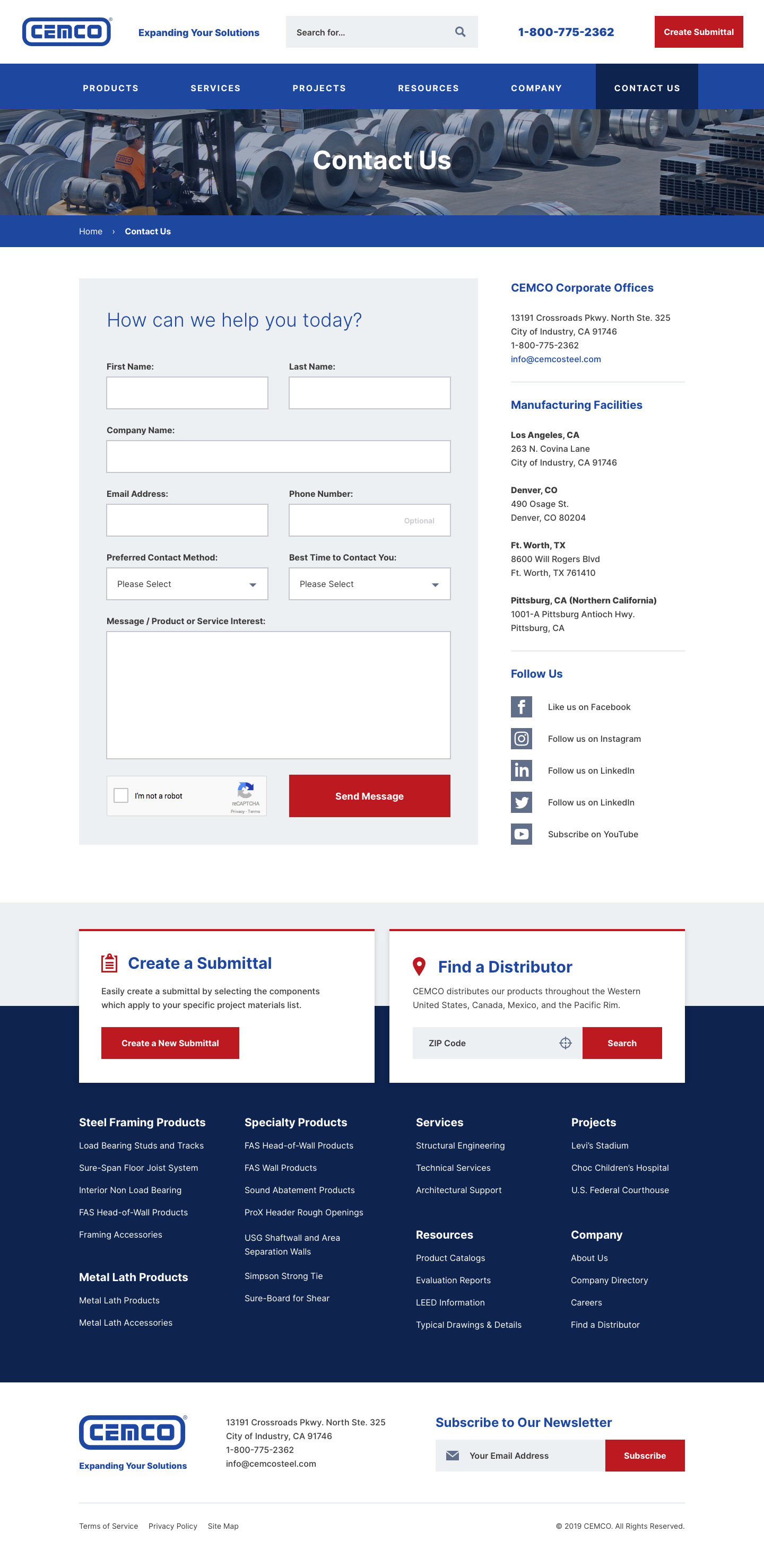CEMCO — Contact Us Page Mockup