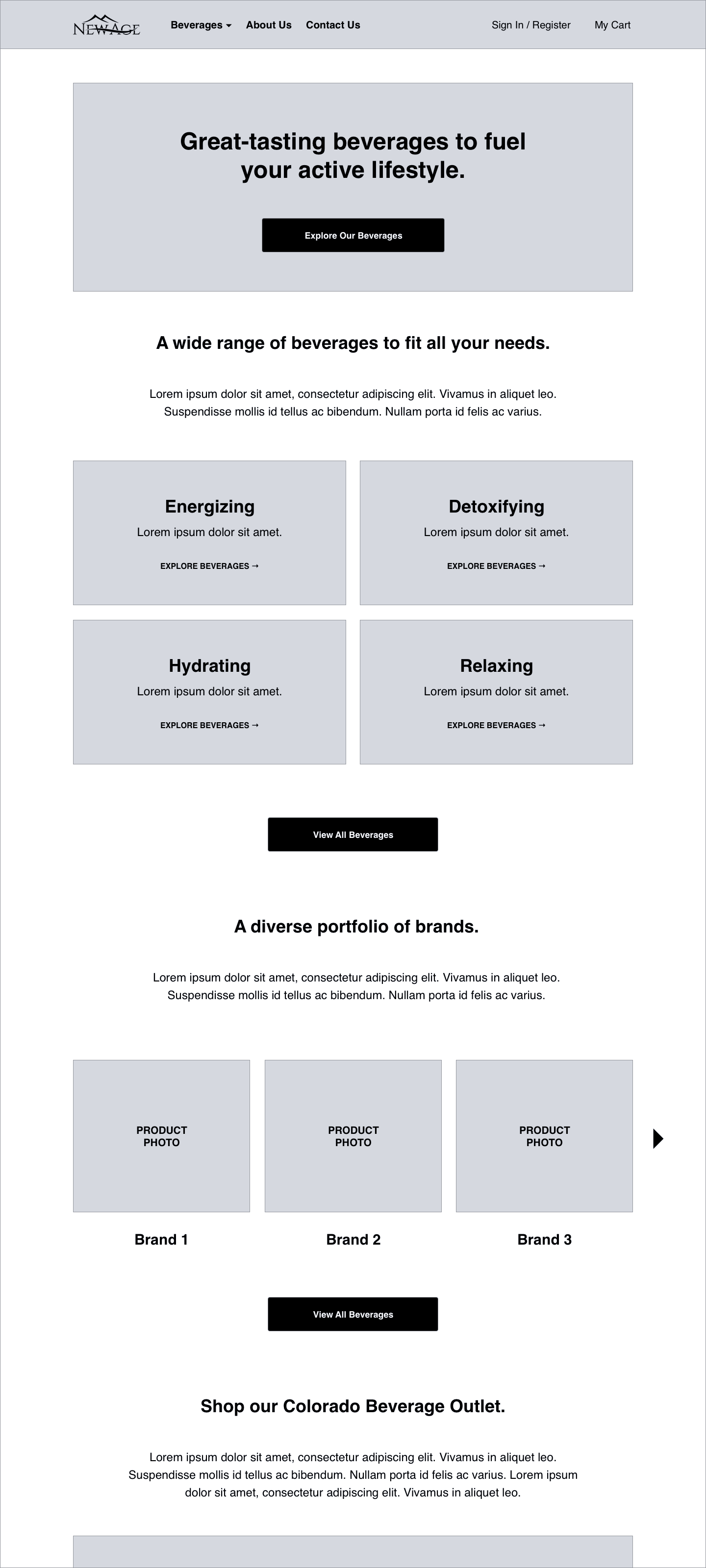 New Age Beverages — Home Page Wireframe