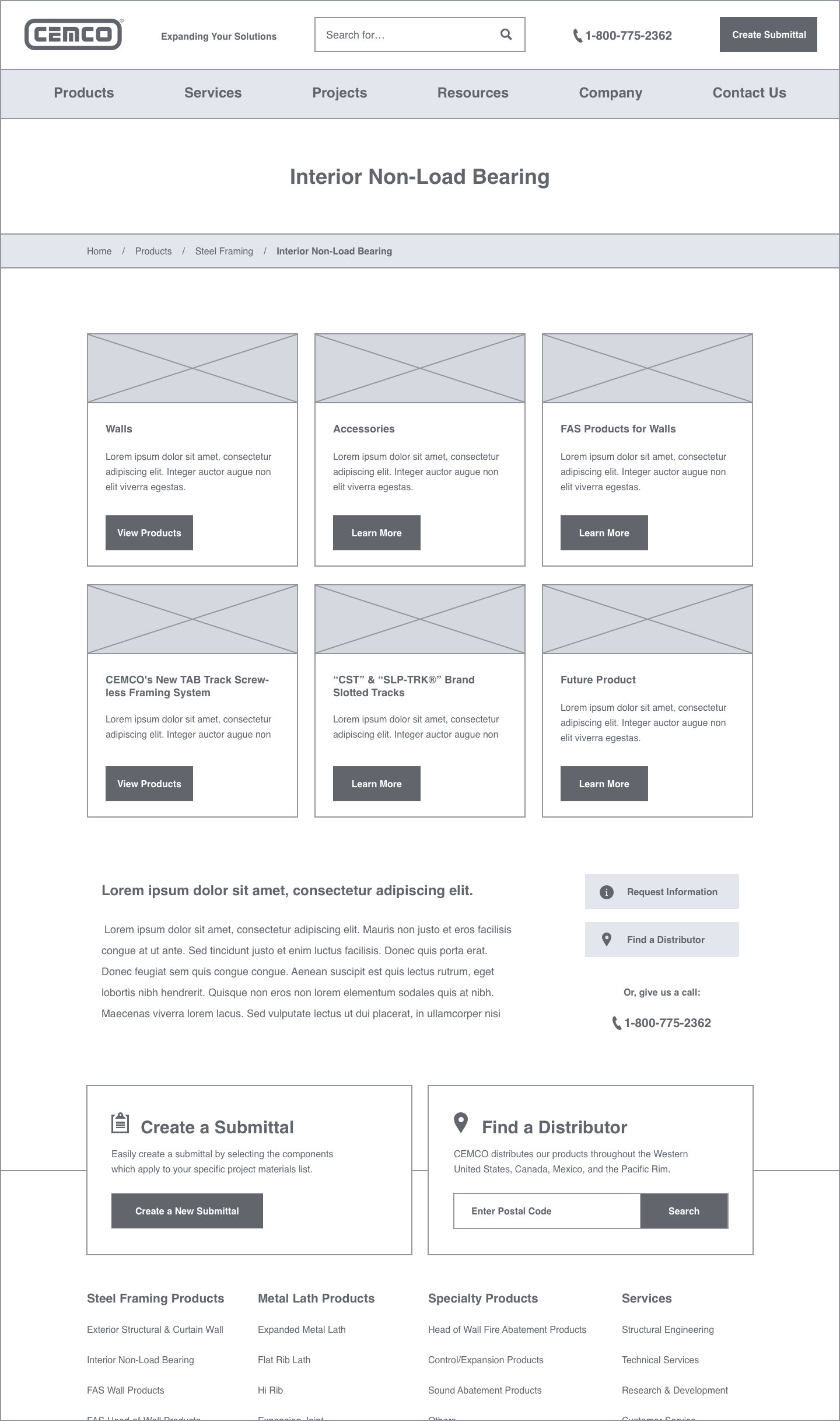 CEMCO — Products Subcategory Page Wireframe