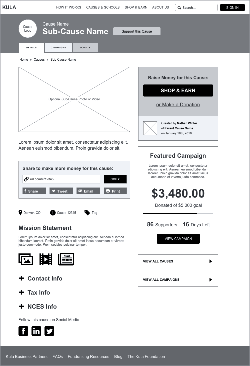 KULA — Wireframes — Sub-Cause Landing Page Template