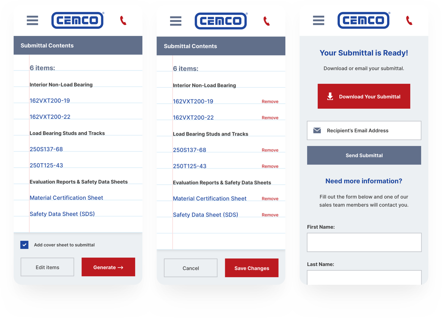 CEMCO — Submittal Creator Mobile Mockups