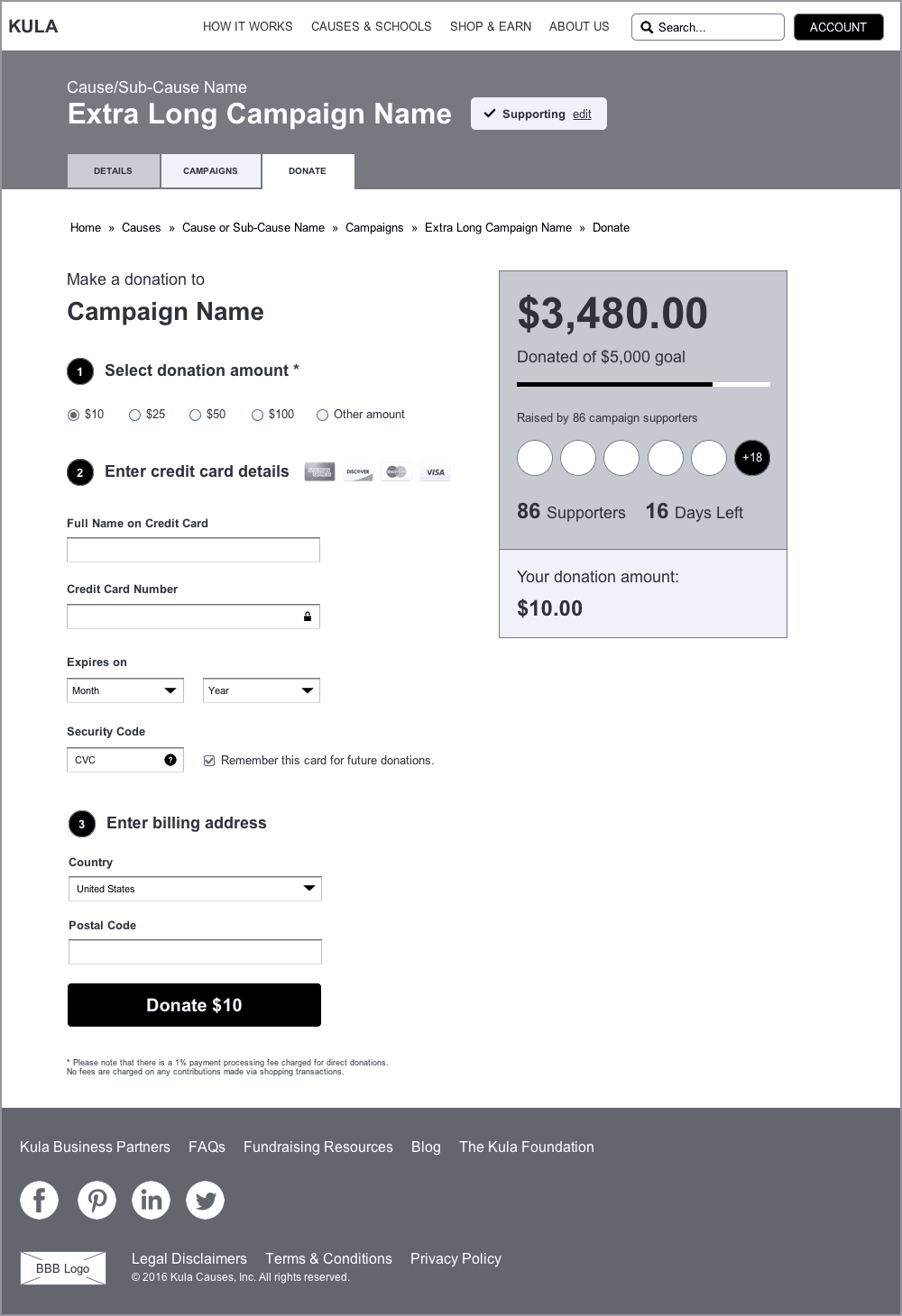 KULA — Wireframes — Donate Landing Page Template
