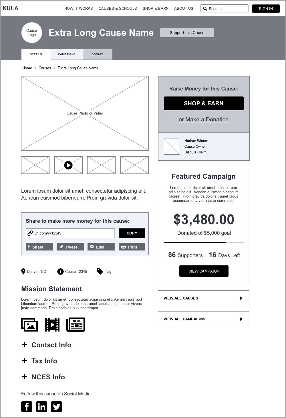 KULA — Wireframes — Cause Landing Page Template