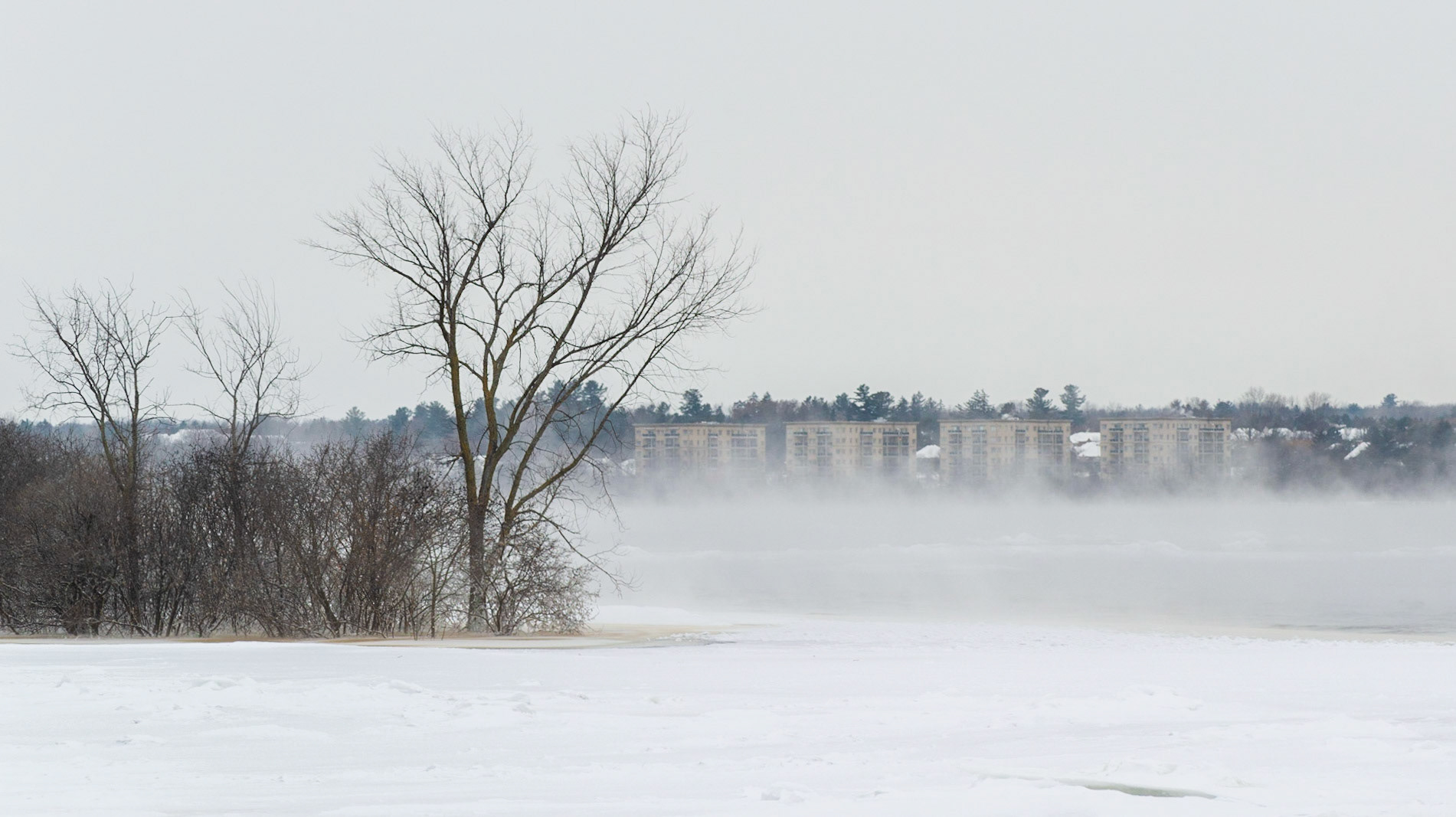 Cold air sweeping across still-liquid water can generata a serene fog that lends this shot a somewhat dreamy quality.