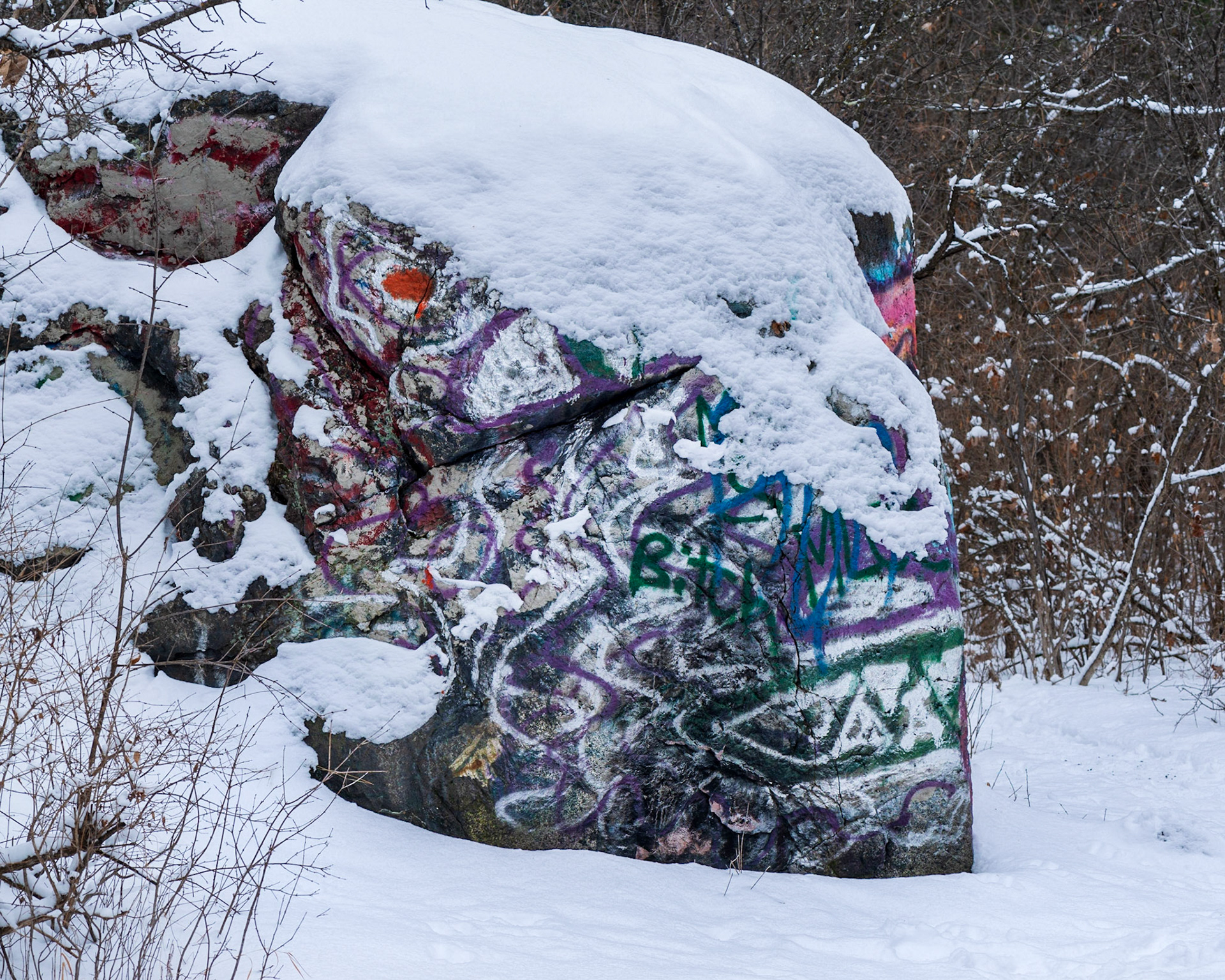 This graffiti covered boulder with facial features is incongruous in the otherwise natural setting and prompted me to document its presence.