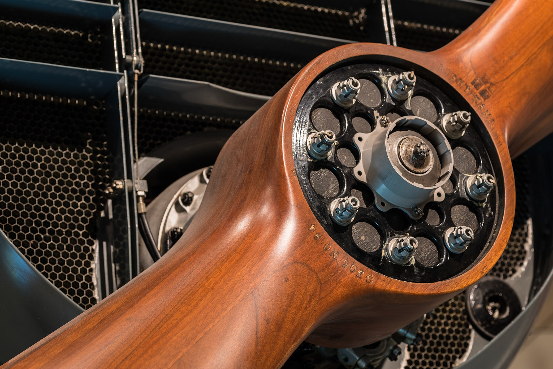 Many vintage aircraft are on display at the museum, and harken back to an era of craftmanship. The beauty of the wood is the main feature of this propeller.