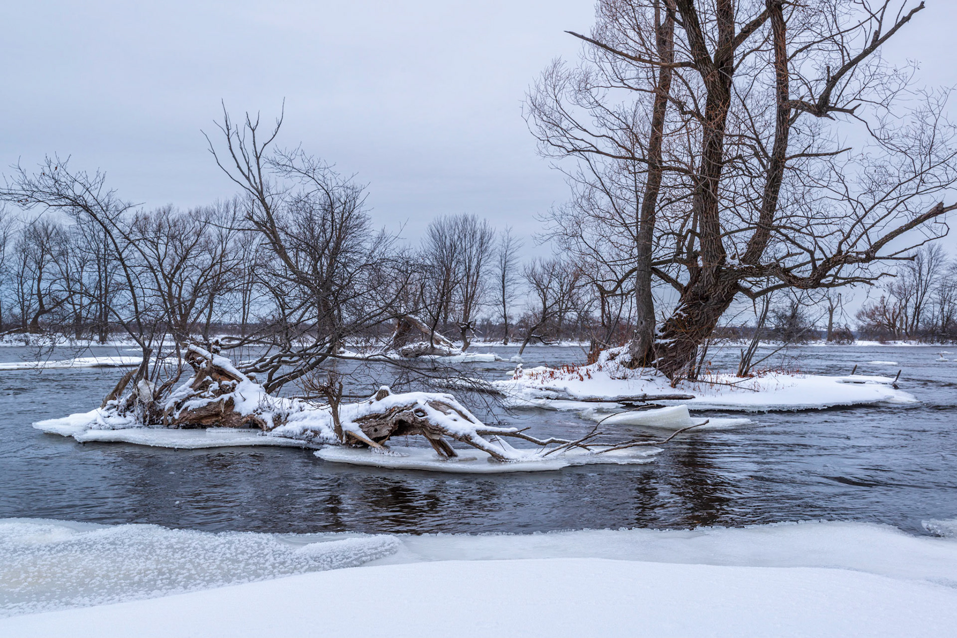A classical landscape composition, with foreground ice, middle ground islands, and the farther shore in the background. The arc of the foreground ice directs the eye to the subject middle ground.