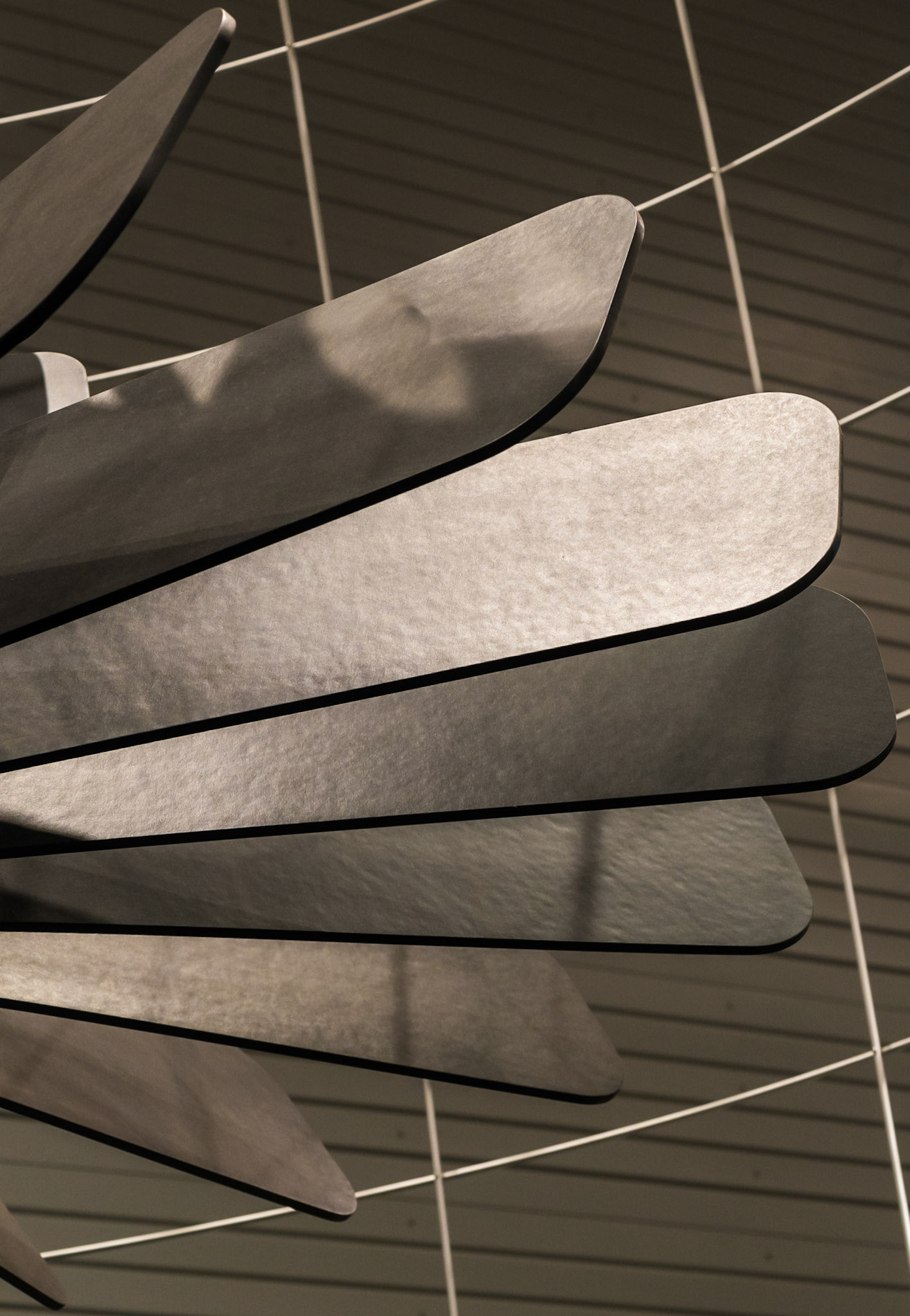 This is actually part of a large artistic display at the museum, but what caught my attention were the different tones of the "fins" in the midst of lines formed by the enclosing "cage" and on the background wall.