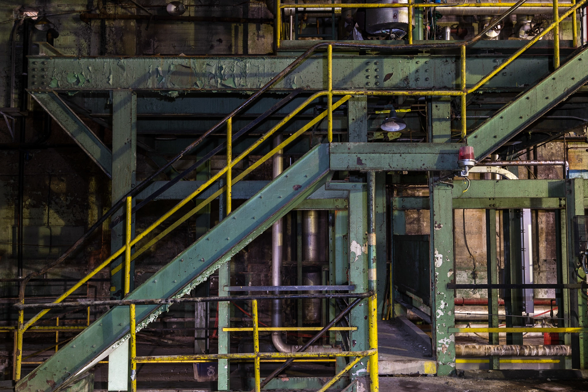 Diagonal lines are a feature of this stairway inside the former E. B. Eddy mill that spans the Quebec and Ontario sides of the Chaudière Falls