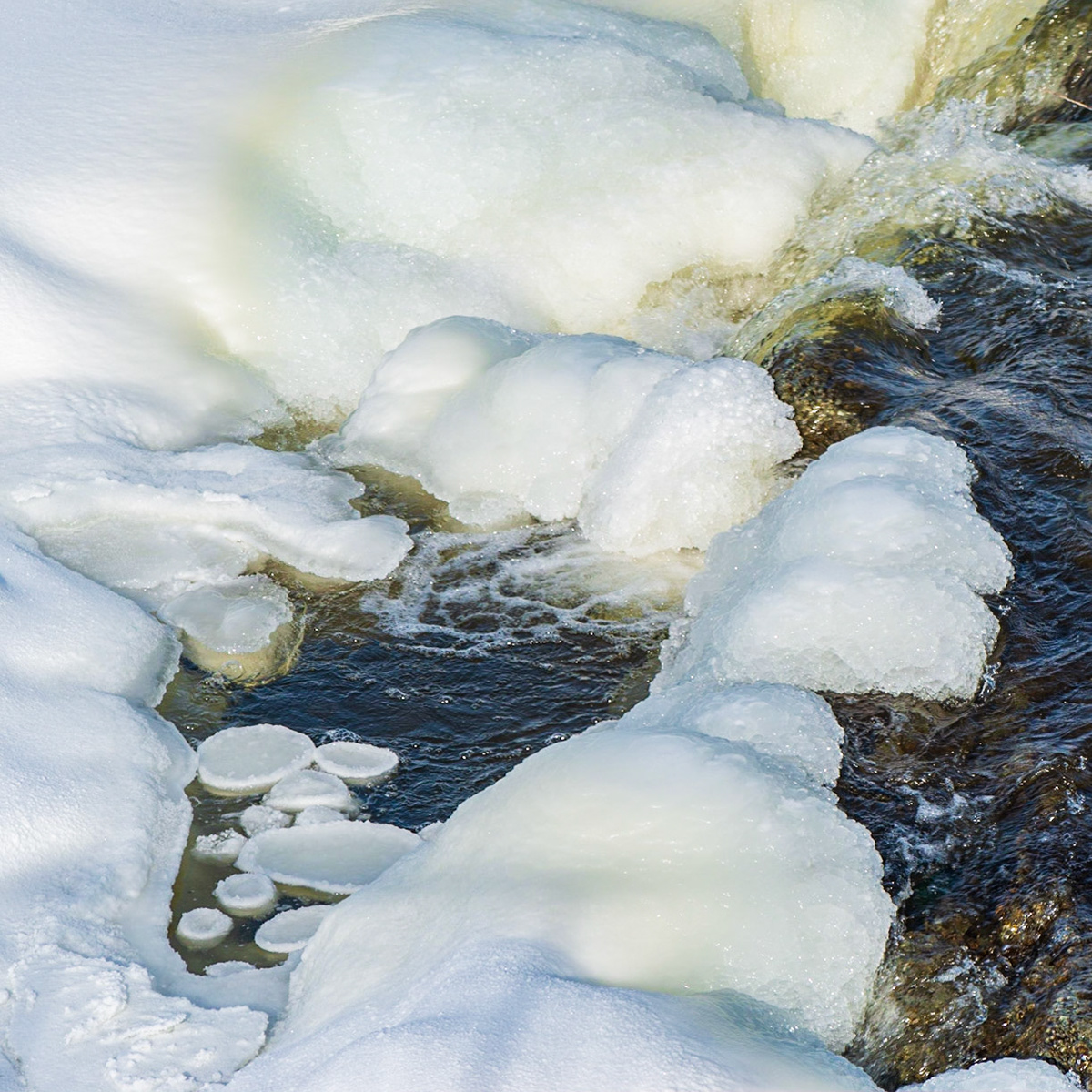 My friend pointed out the circular ice floes. Here, I've positioned them on the diagonal at the lower left. I've used the cascade of water at the upper right to point towards them.