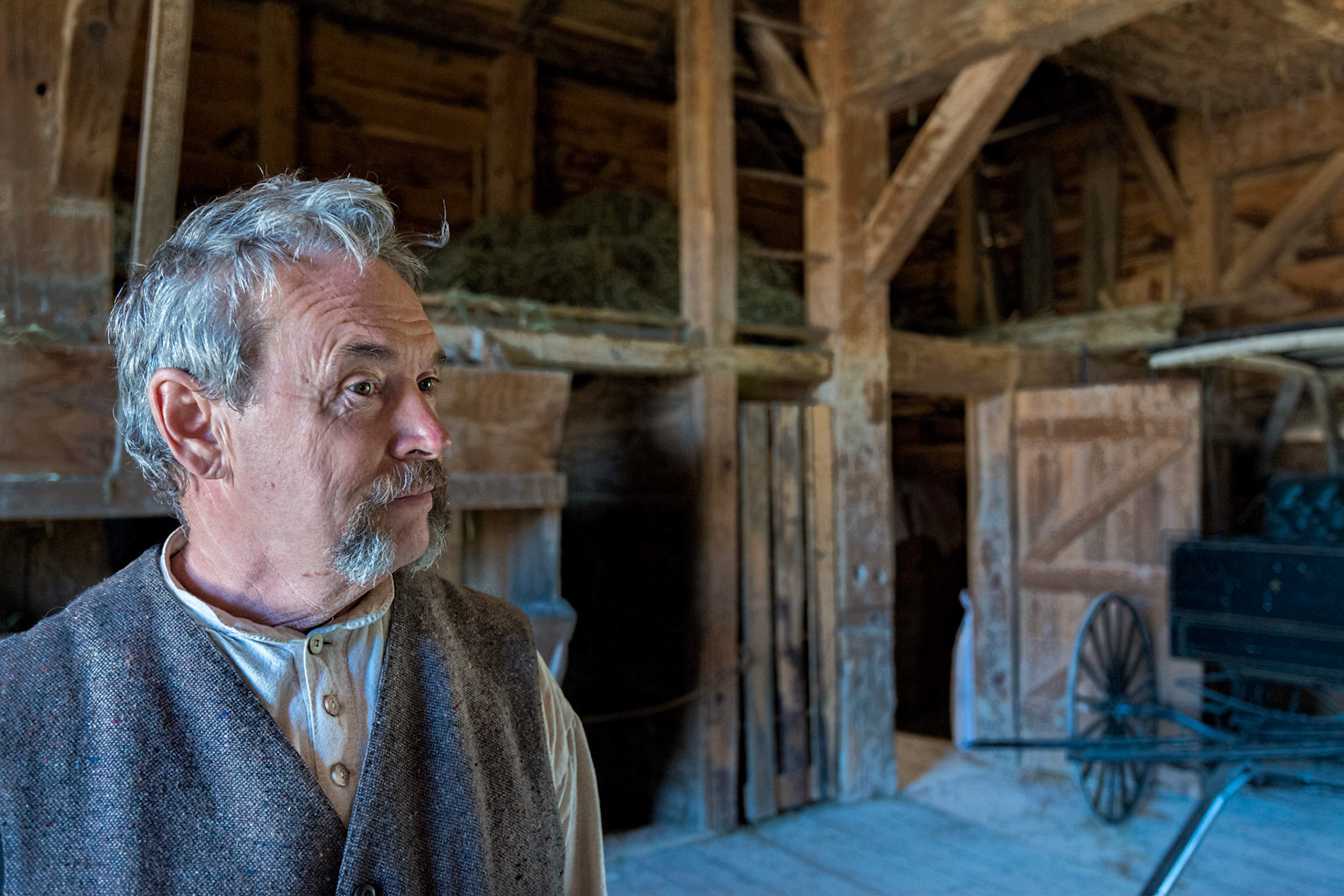 This photograph required some extra work in post production to balance the bright light on the man's face with the low illumination in the rest of the barn.