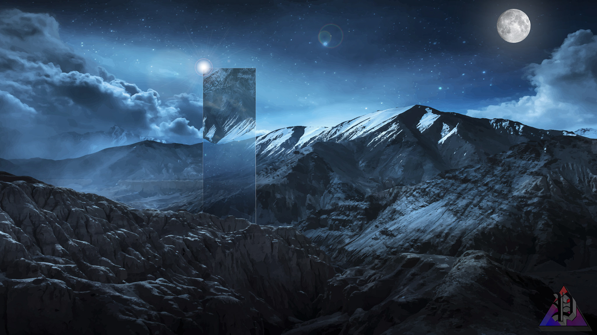 Beautiful landscape snow mountains at night on blue cloud and star background. Leh, Ladakh, India.(Double Exposure)