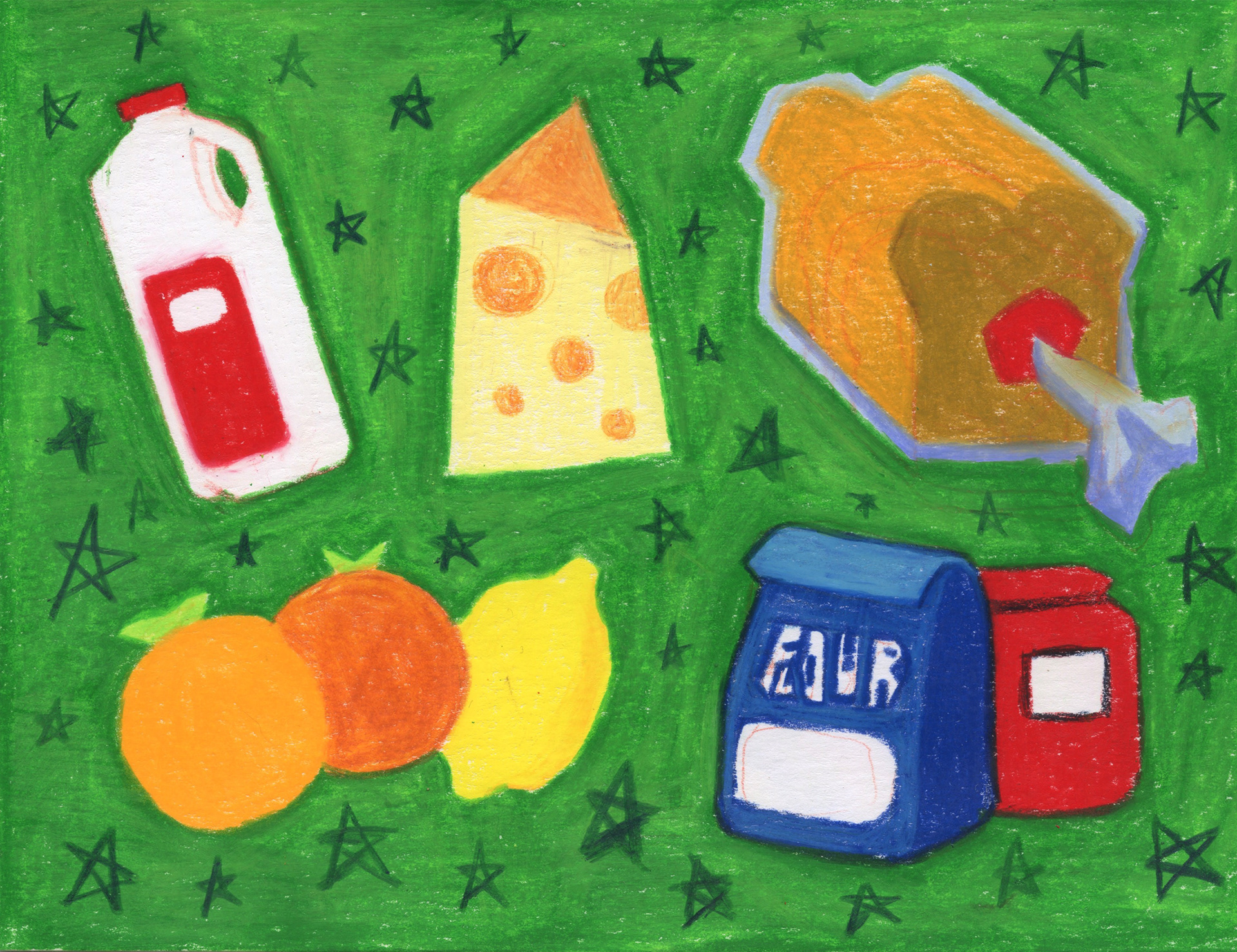 The Grocery List, Caran D'ache wax pastels on paper, 2024
