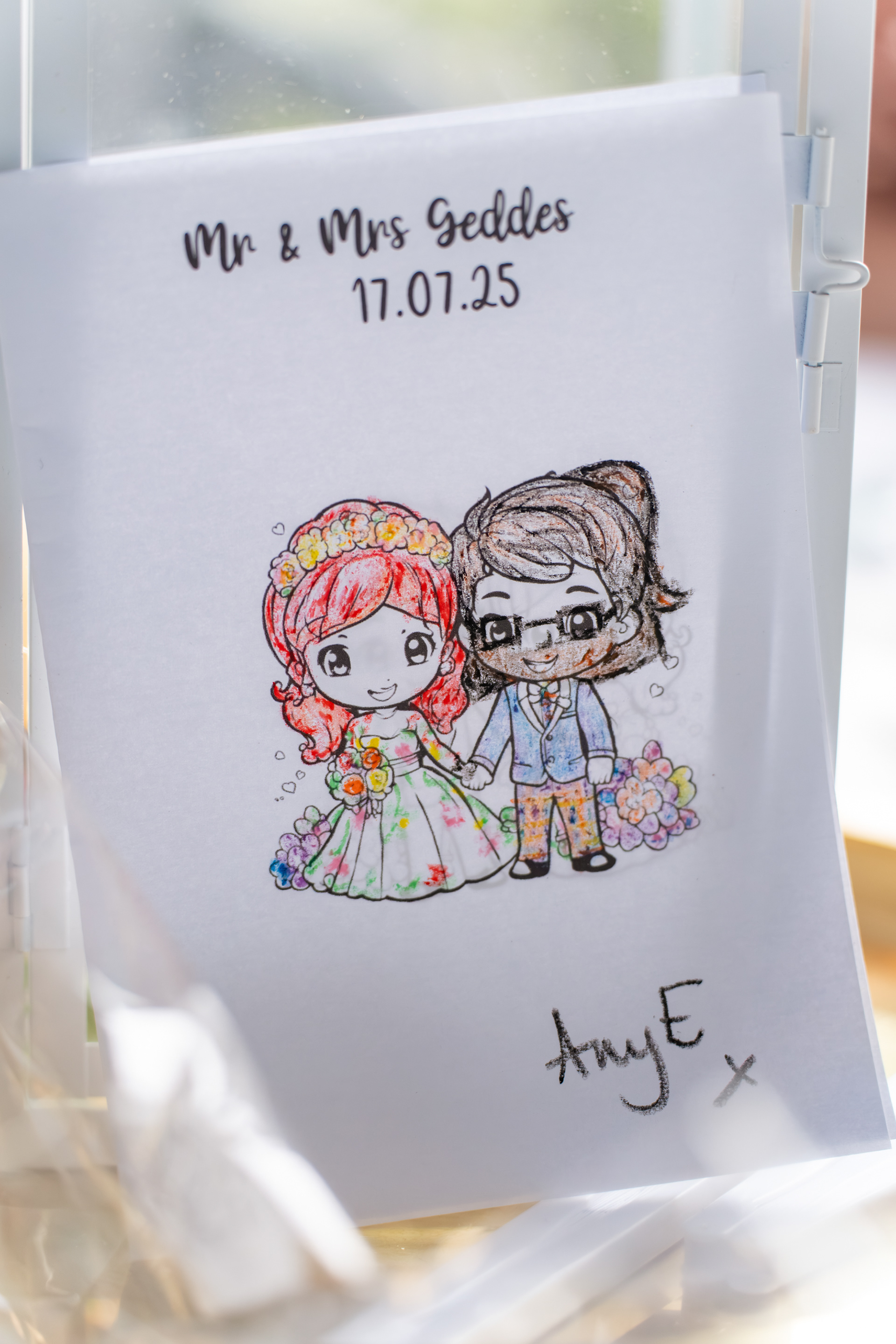 A drawing of the bride and groom, coloured in in crayon by Amy E.
