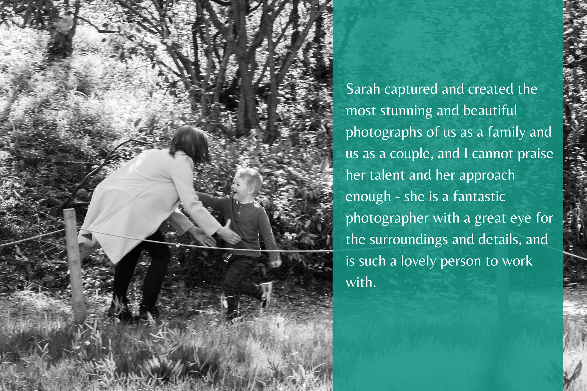 A review of "fantastic" Aberdeen family photographer, Sarah from Windswept Stories, is overlaid over a "stunning and beautiful" black and white photo of a young boy running into his mother's outstretched arms.