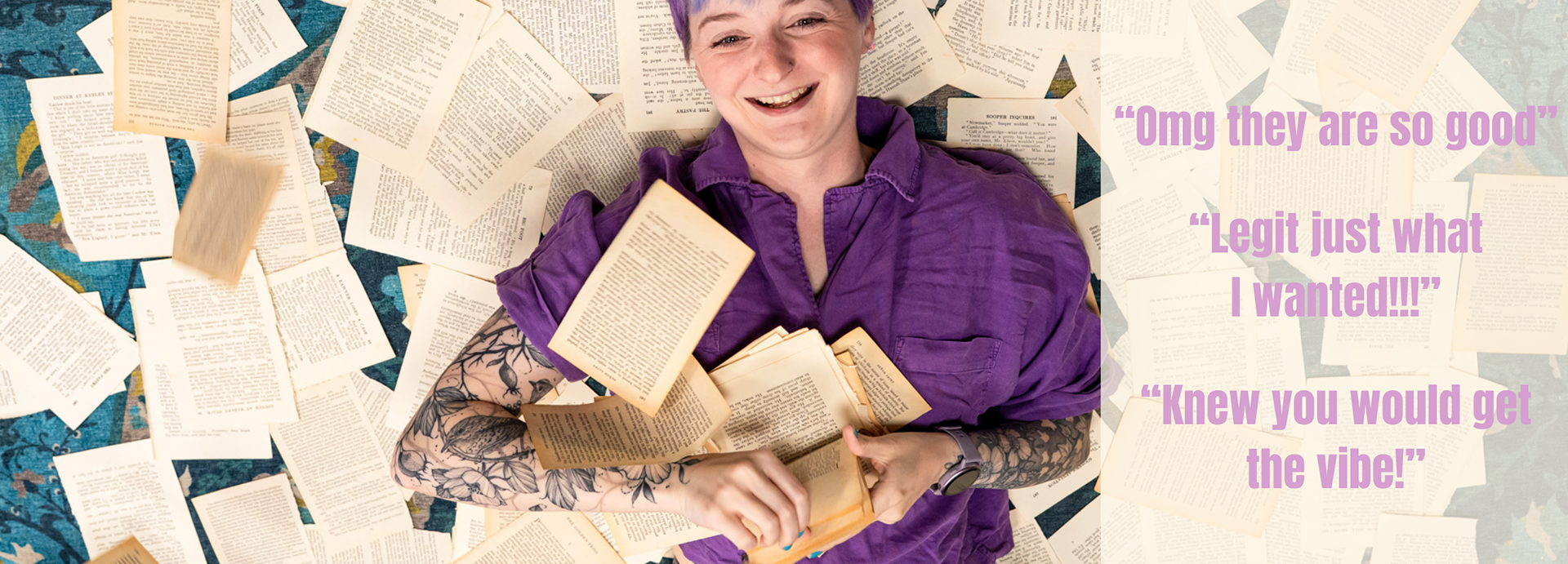 Christie from Somerville Books lies on top of torn book pages. The overlaid review text of her Aberdeen branding photography reads, "OMG they are are so good! Legit just what I wanted! Knew you would get the vibe!"