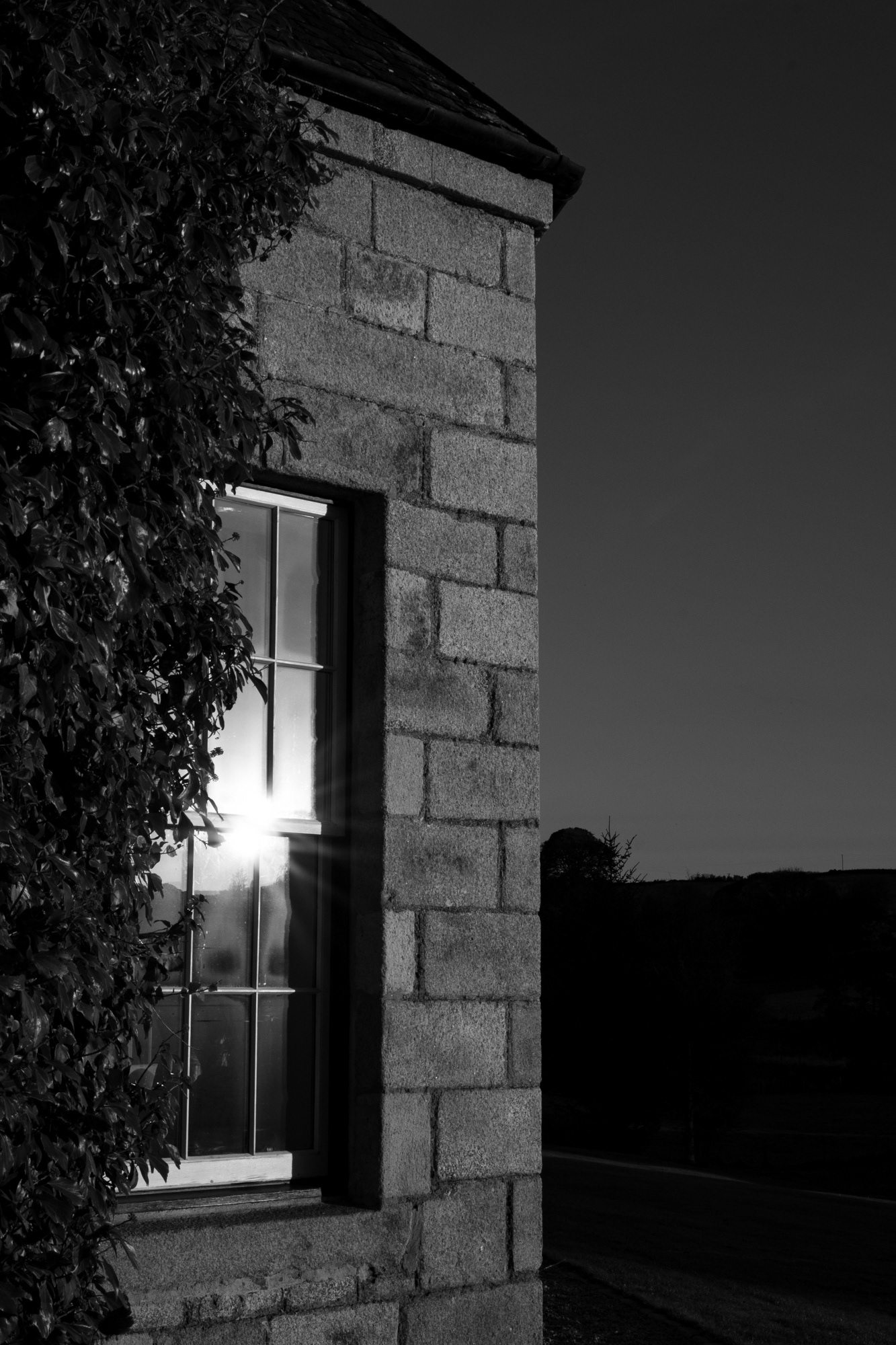 Logie Country House: An external view of light bouncing off a window with ivy growing around it