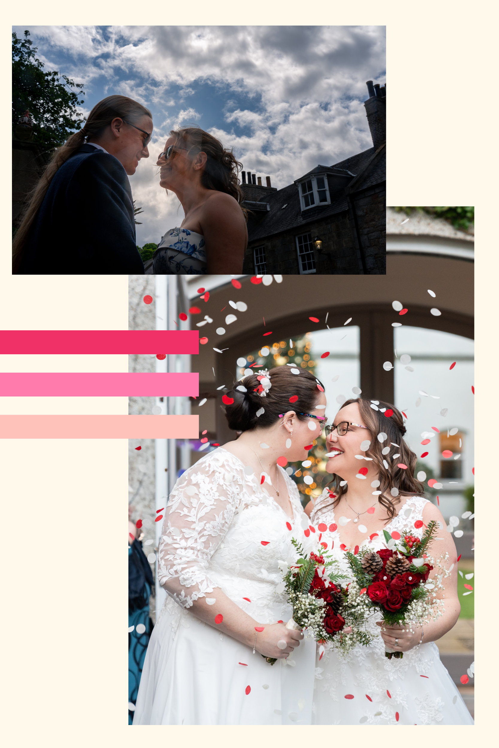 Two photos from Aberdeen weddings. One shows a long-haired man and a woman in shades and floral strapless dress smiling at each other, against a cloudy sky in Old Aberdeen. The other shows two dark-haired women in white wedding dresses beaming at each other outside the Marcliffe Hotel as red and white confetti showers around them.
