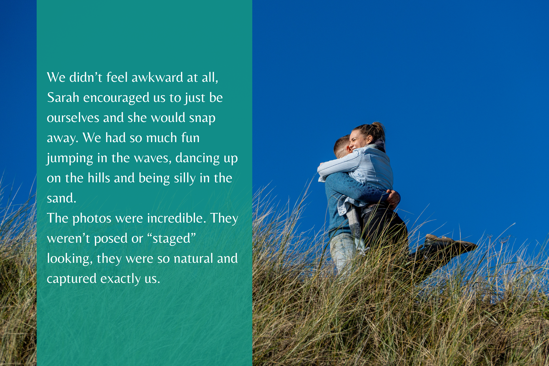 A woman in a denim jacket leaps into her boyfriend's arms. He is also wearing blue. There is a deep blue sky behind them and long grasses in the foreground. Taken during a couple's photo shoot at Aberdeen Beach.