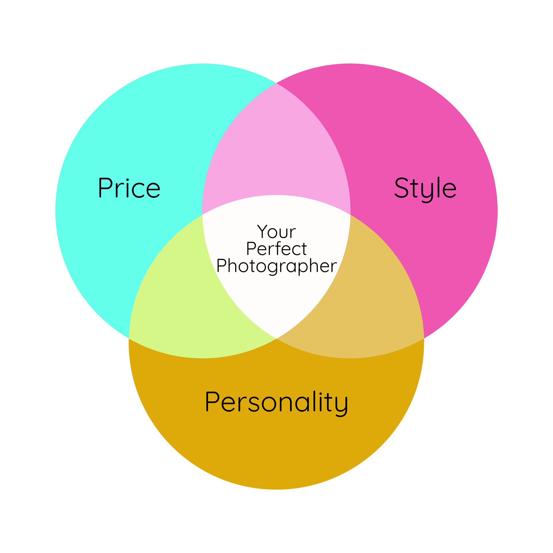 A venn diagram in pink, green and orange. The three segments read "Price", "Style" and "Personality" with "Your Perfect Photographer" in the middle.