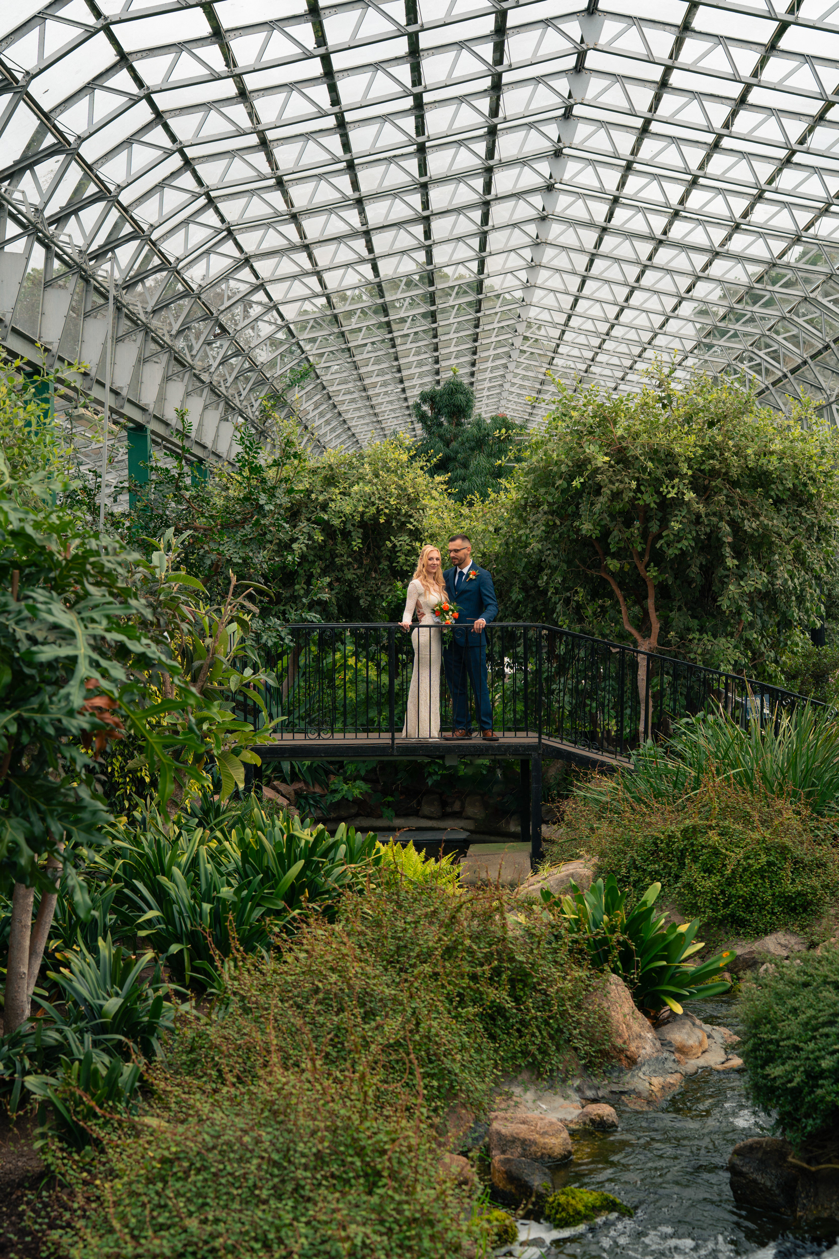 Duthie Park Winter Gardens wedding: Bride and groom on the terrapin bridge.