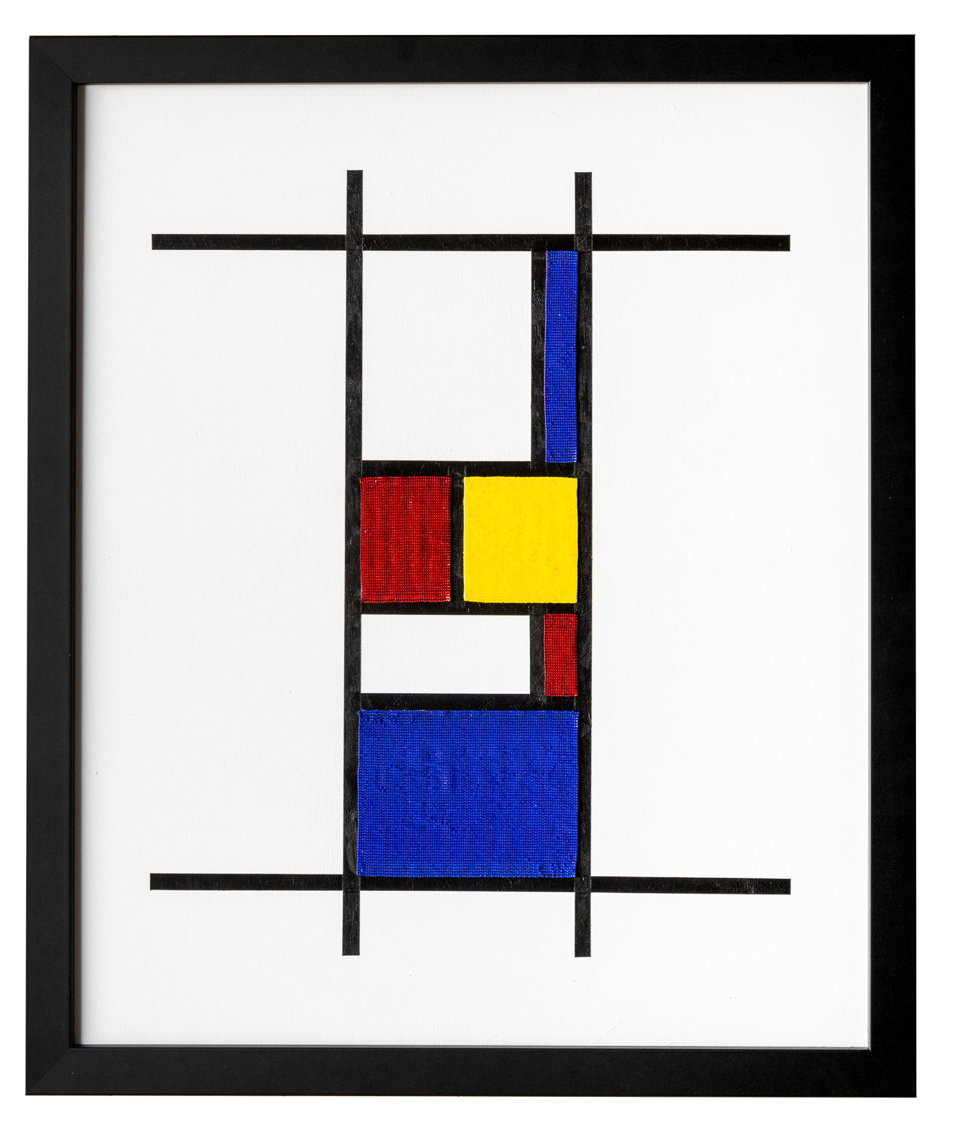 Black frame, white canvas background. Black vertical and horizontal lines in the style of Mondrian. Rectangles of red, yellow and blue hand woven Miyuki beads