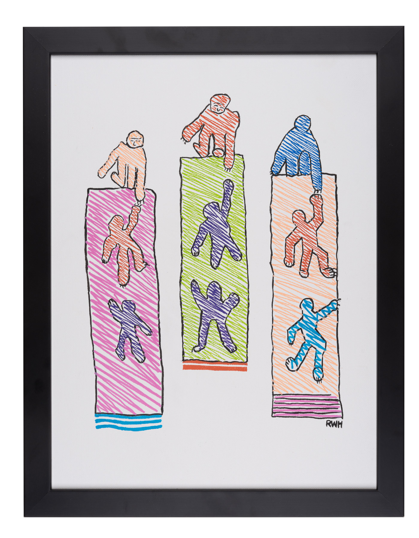 Three hand drawn vertical cliffs in pink, green and orange, each have a monster (orange, red and blue) at the top who are reaching down to help other monsters who are climbing up the vertical climbs. White background and black frame