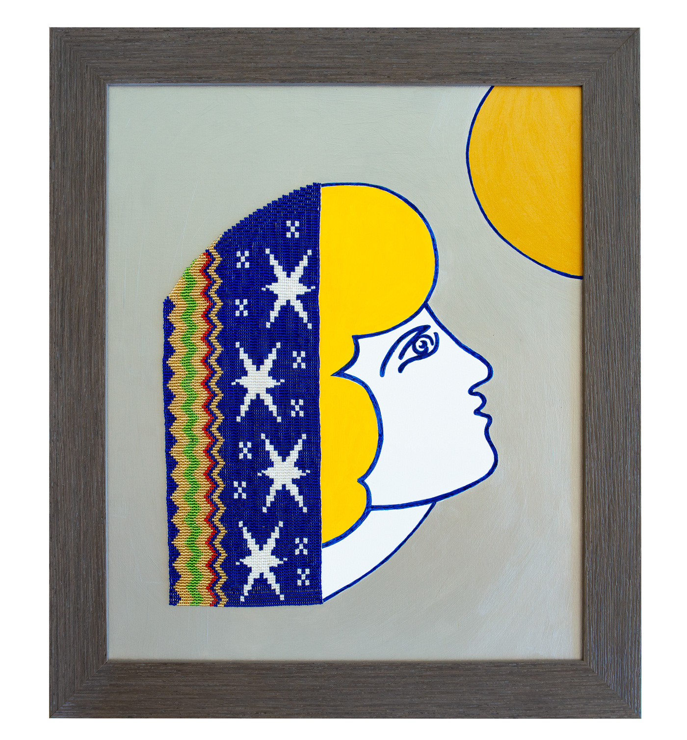 A beautiful multi coloured panel of beadwork, consisting of Miyuki beads, in the form of vertical zigzags and white stars against a dark blue background, cover the head of a woman gazing up at the moon or sun. On a silver background. Wooden frame, acrylic paint