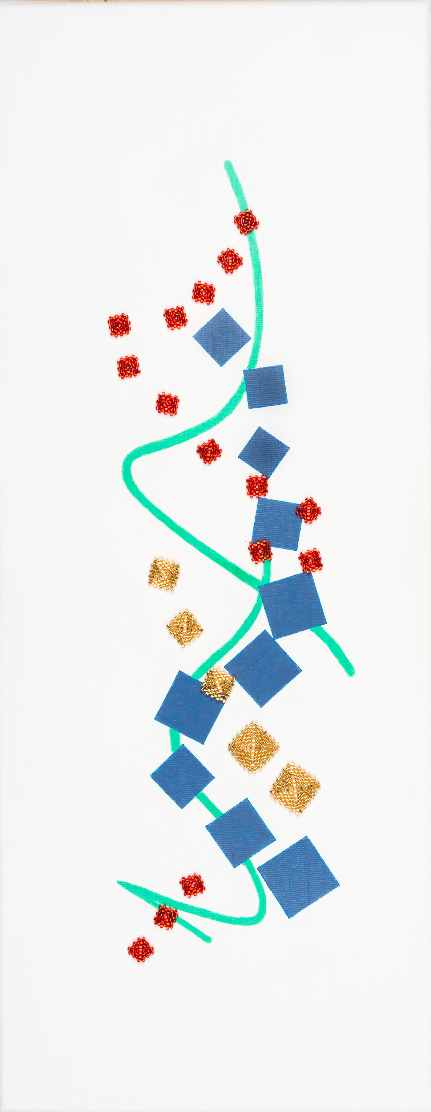 Red and gold coloured hand woven Miyuki beads in squares, complimented with green and blue acrylic paint on white canvas, Japonism