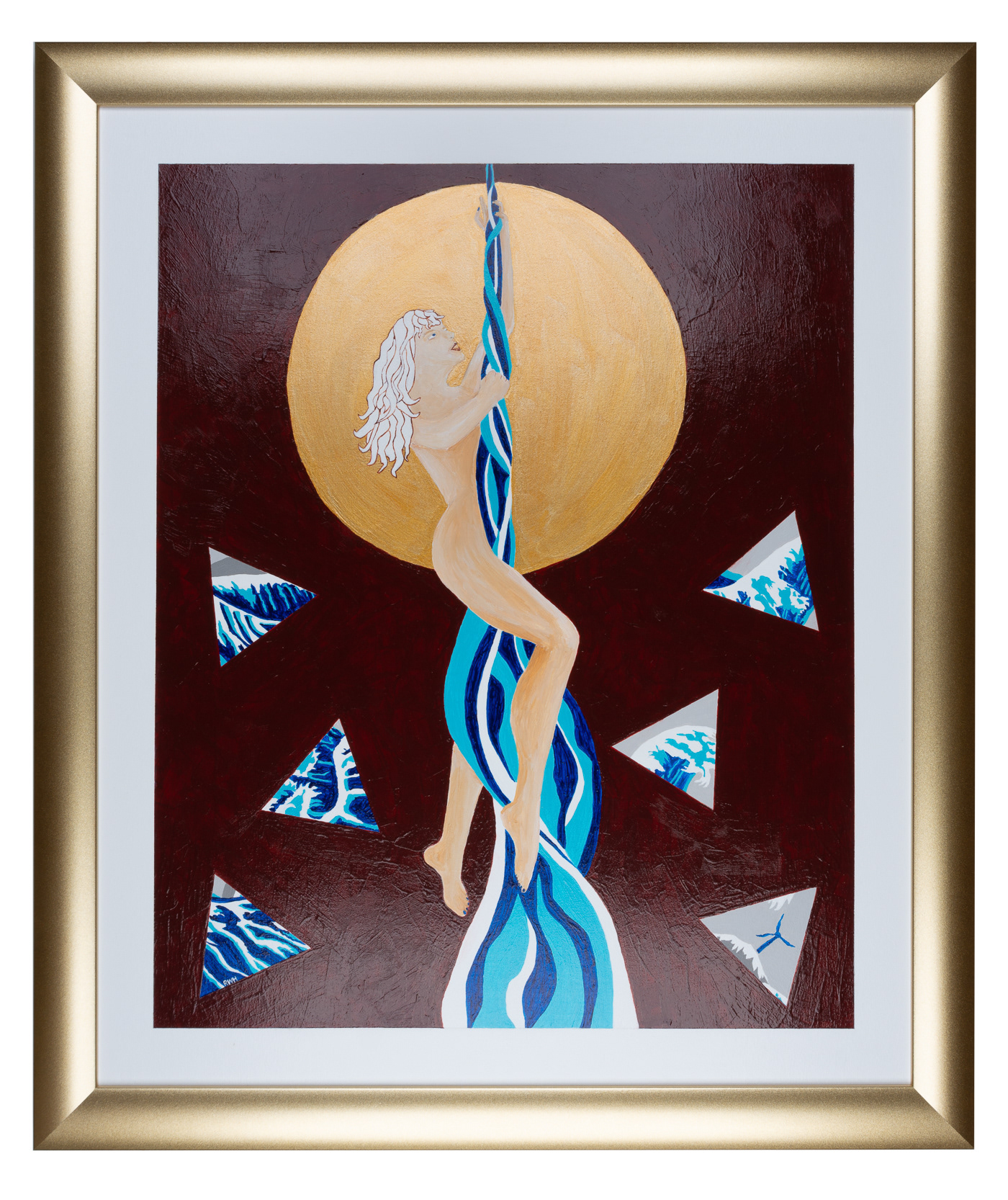 A naked female, climbs a rope made out of a stream of water. She hangs in front of a golden orb of light and the background is a deep maroon colour. The six individual pieces of the canvas from the picture called The Lakes in the series are recreated and are scattered in the background floating in space