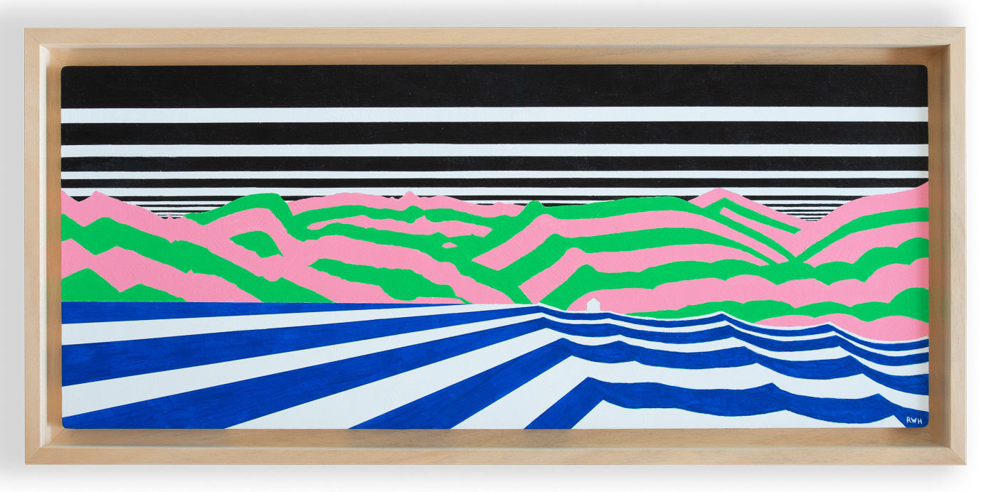 Framed, striped inspired by Bridget Riley painted on board of a famous Lake District lake with the mountains behind. Colourful, green, pink, blue, white and black
