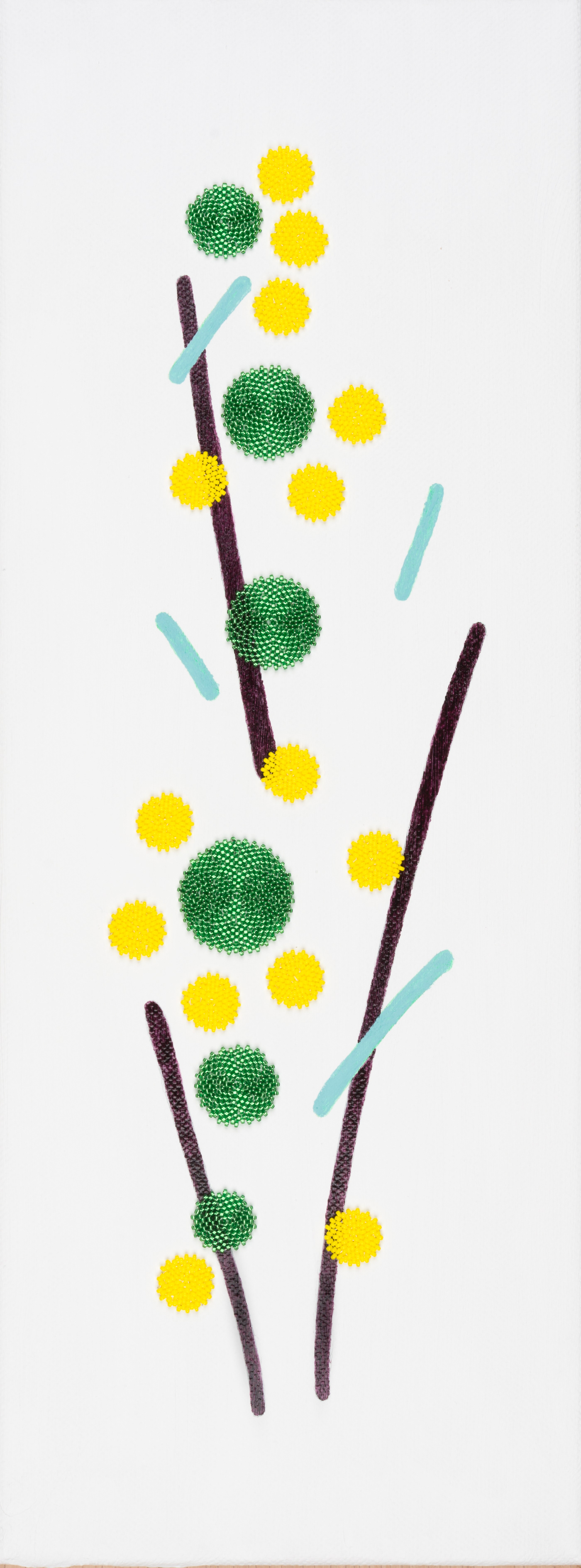Green and yellow hand woven Miyuki beads in circles, complimented with blue and brown acrylic paint on white canvas, oriental style, Japonism