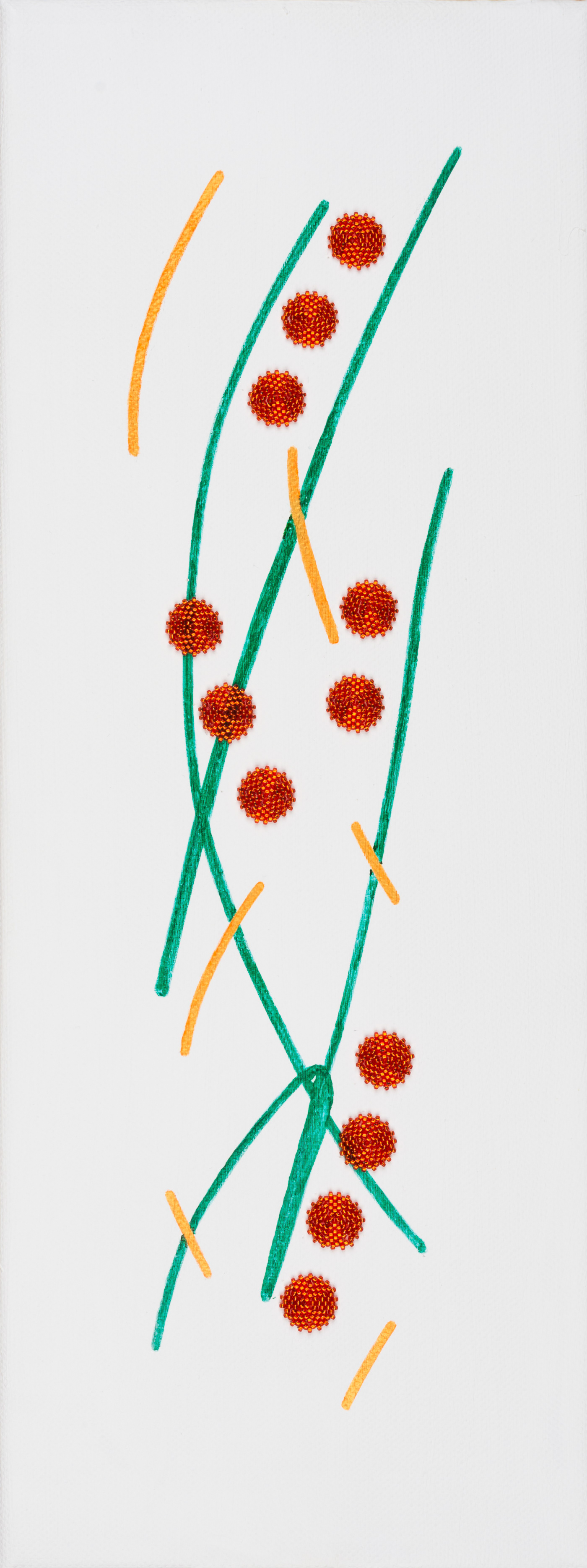 Red hand woven Miyuki beads in circles, complimented with green and orange acrylic paint on white canvas, oriental style, Japonism