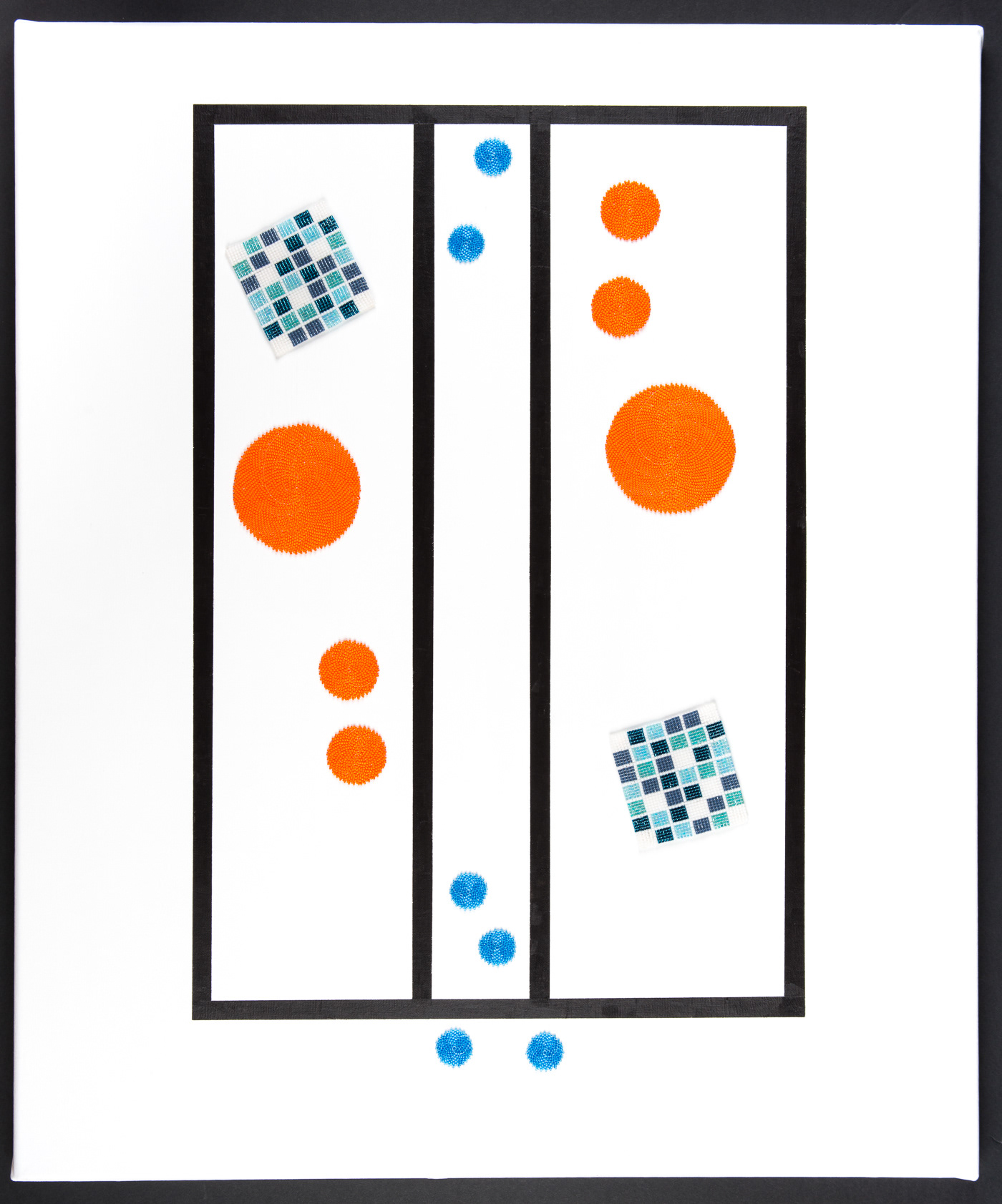 Black frame, white background with some black vertical and horizontal lines. Orange hand woven Miyuki beads in circles plus blue Miyuki beads handwoven in circles, complimented with two chequerboard elements of handwoven Miyuki beads in various blues and white, on canvas, oriental style, Japonism
