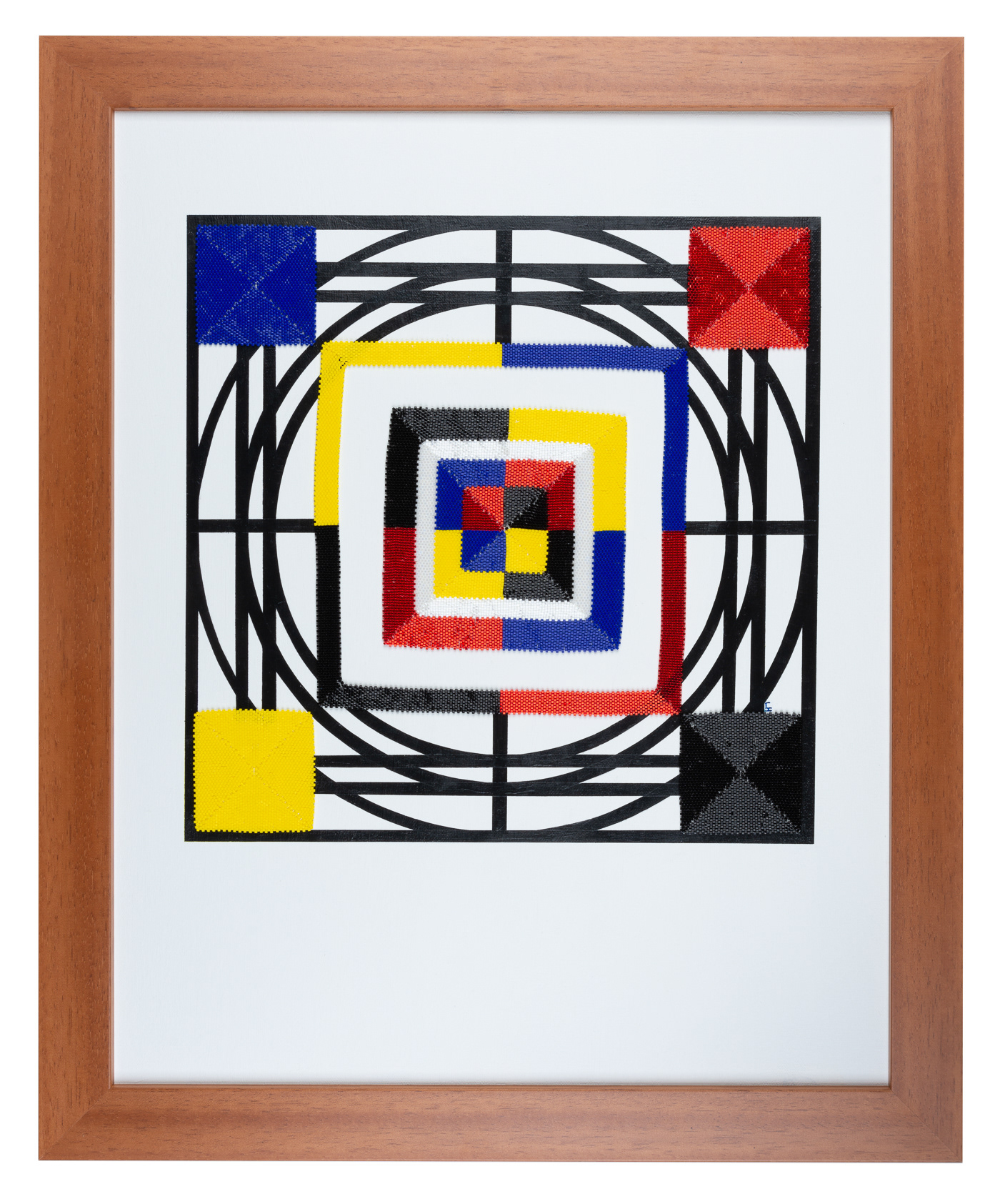 Blue, red, black and yellow hand woven Miyuki beads in squares, black acrylic paint on white canvas, neoartistry, wood frame