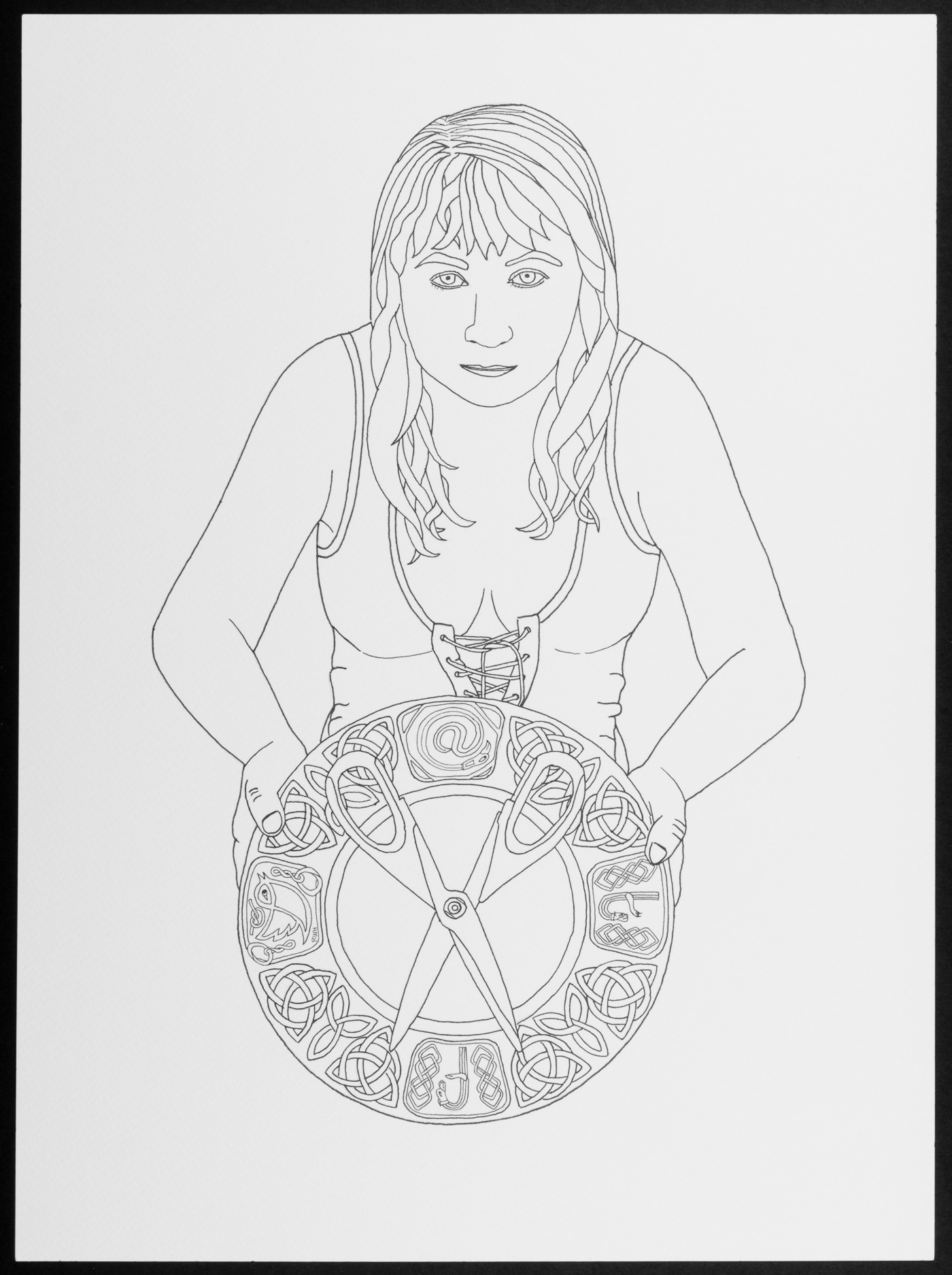 Pen and Ink painting, female wearing a lace up bodice holds a plate embellished with social media icons, on which rests a pair of open scissors, the points facing the viewer