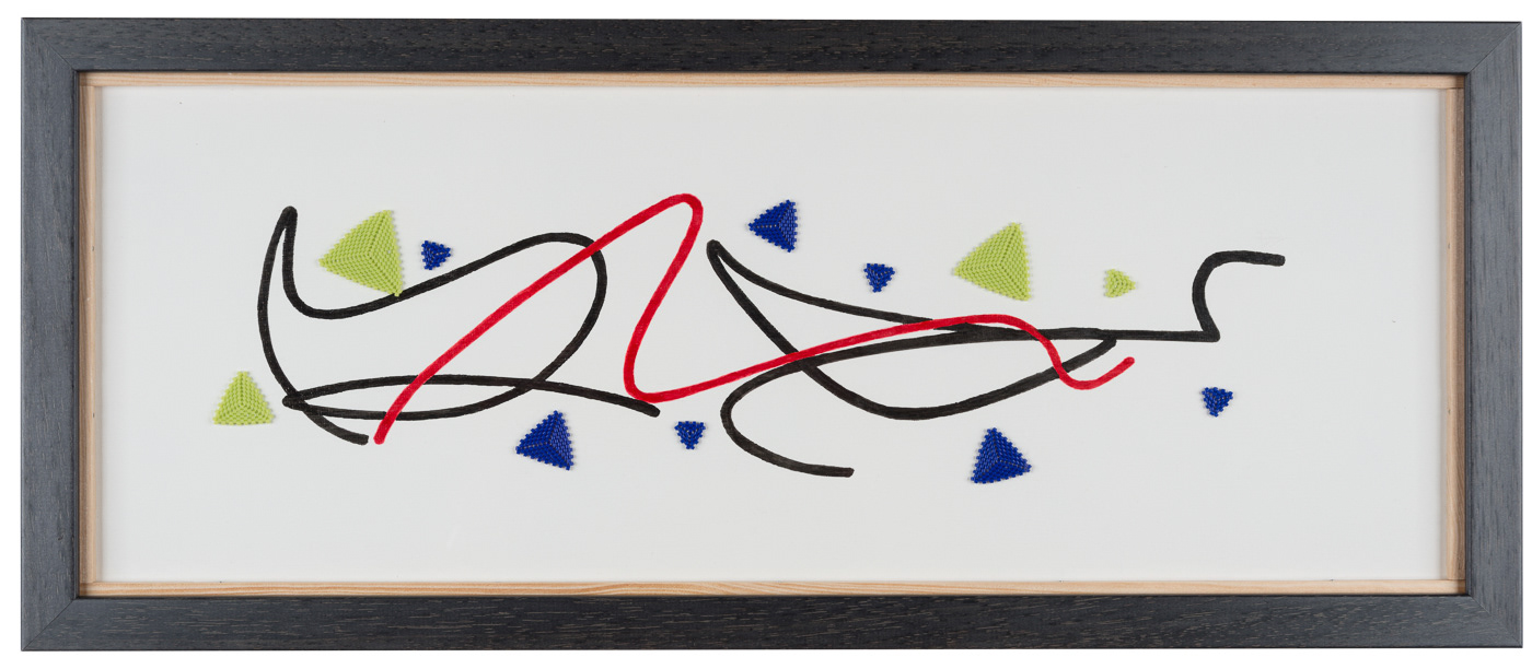 Blue and lime green coloured hand woven Miyuki beads in triangles, complimented with black, blue and green acrylic paint on white canvas, dark wood frame