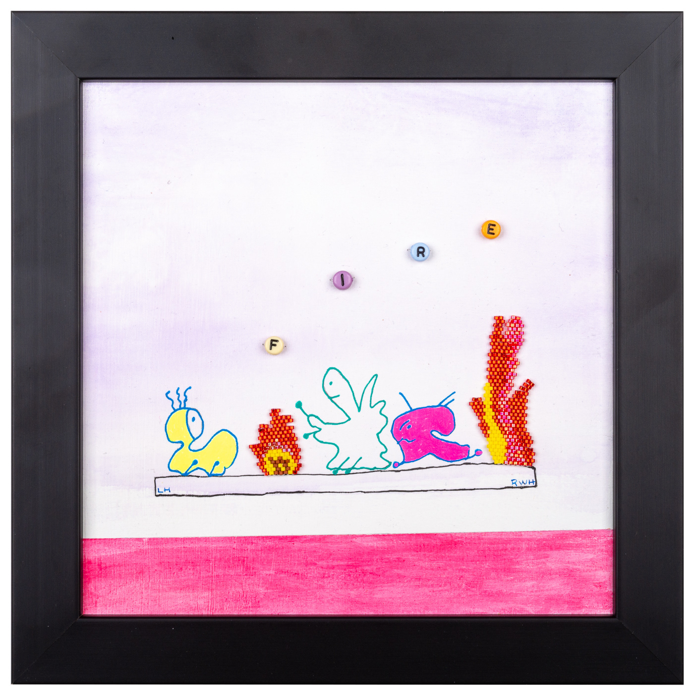 The three Bodgets (strange little blobs) are around a campfire. One of them has inadvertently set off another fire and is shocked. This fire is larger than their campfire. The fires are made out of hand woven Miyuki beads. The word FIRE is spelled out across the sky in four beads. There is a pink border at the bottom and they are against a pink and white background. Black frame.