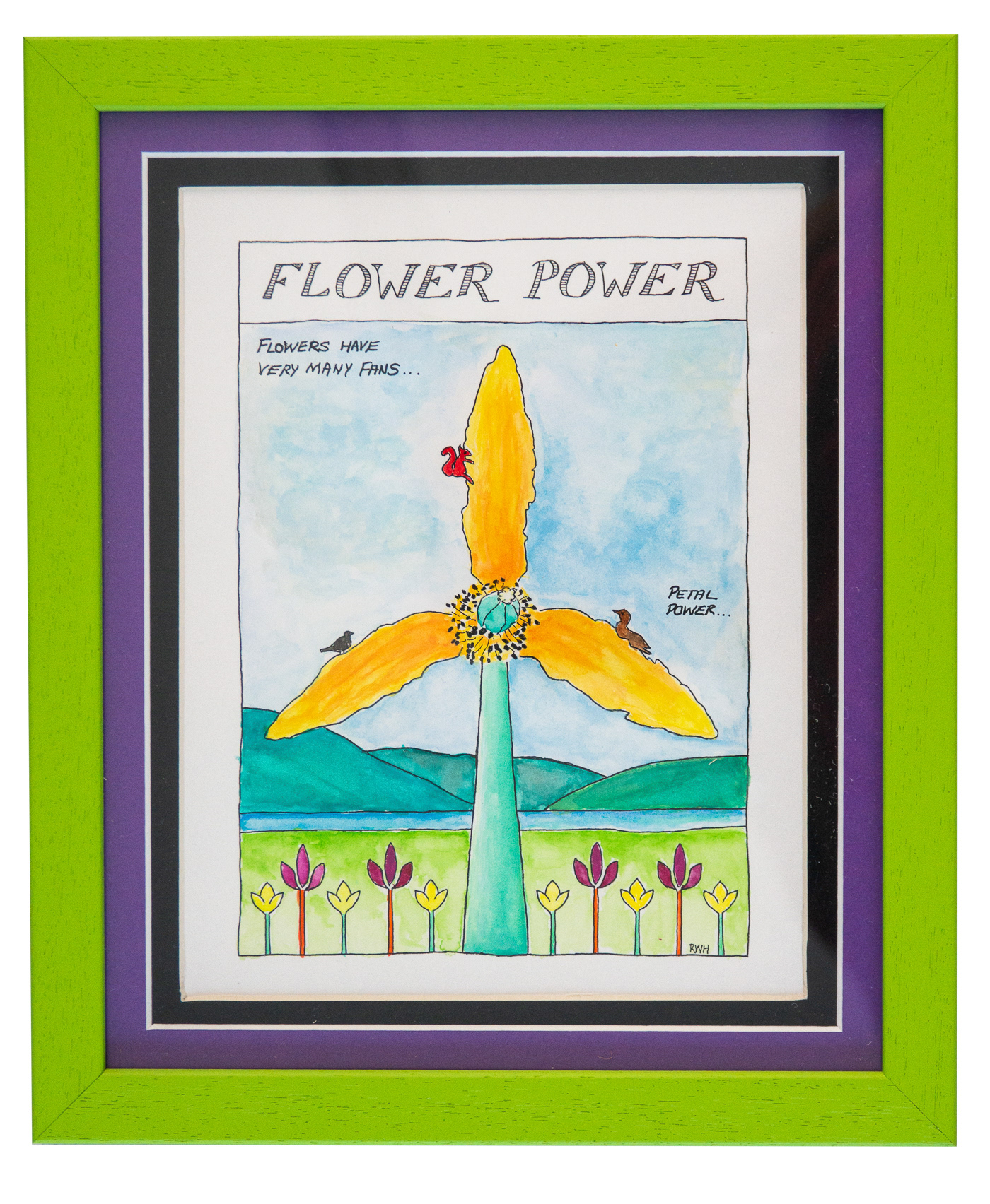 Green wooden frame, purple and black mounts. Ink and water colour drawing of a wind turbine in the form of a wind turbine. Yellow flower petals form the blades and the centre is the centre of a flower, birds and a red squirrel have alighted on the blades. Flowers are in the foreground, followed by a lake, then mountains and the sky