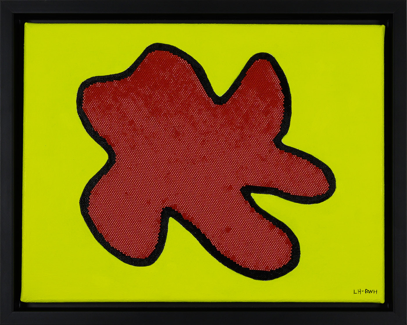 Black frame, bright acid yellow background. A splat (random shape in the shape as is a droplet has hit the floor) made by handwoven Toho Aiko beads in red, is surrounded by a thick black line of paint. Comic book style
