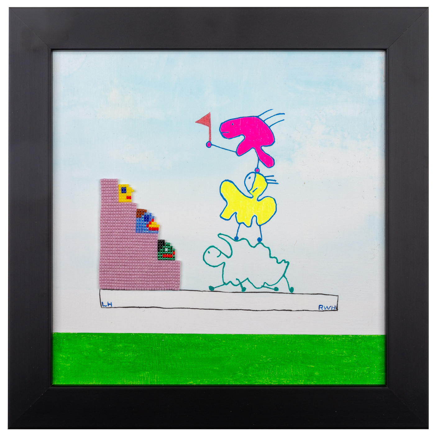 The three multicoloured Bodgets (strange little blobs) are balanced one on top of the other, the one at the top holds a red flag. They are watched by a crowd on a stand, made out of Miyuki beads. There is a green border at the bottom and they are against a blue and white background. Black frame