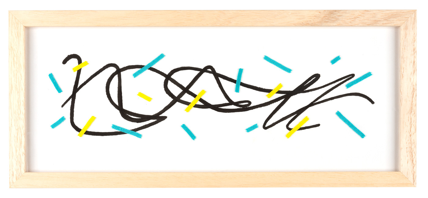 Inspired by Jackson Pollock Blue Poles, turquoise and yellow coloured hand woven Miyuki beads in strips, complimented with black acrylic paint on white canvas, pale wood frame