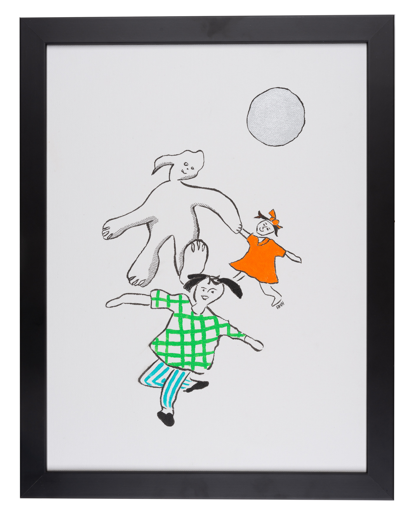 Two children run and play with a monster (invisible friend). The girl has an orange bow in her hair and an orange dress. The boy has blue and white striped trousers and green and white checked shirt. The monster is almost transparent. There is a strange orb in the sky. White background with black frame