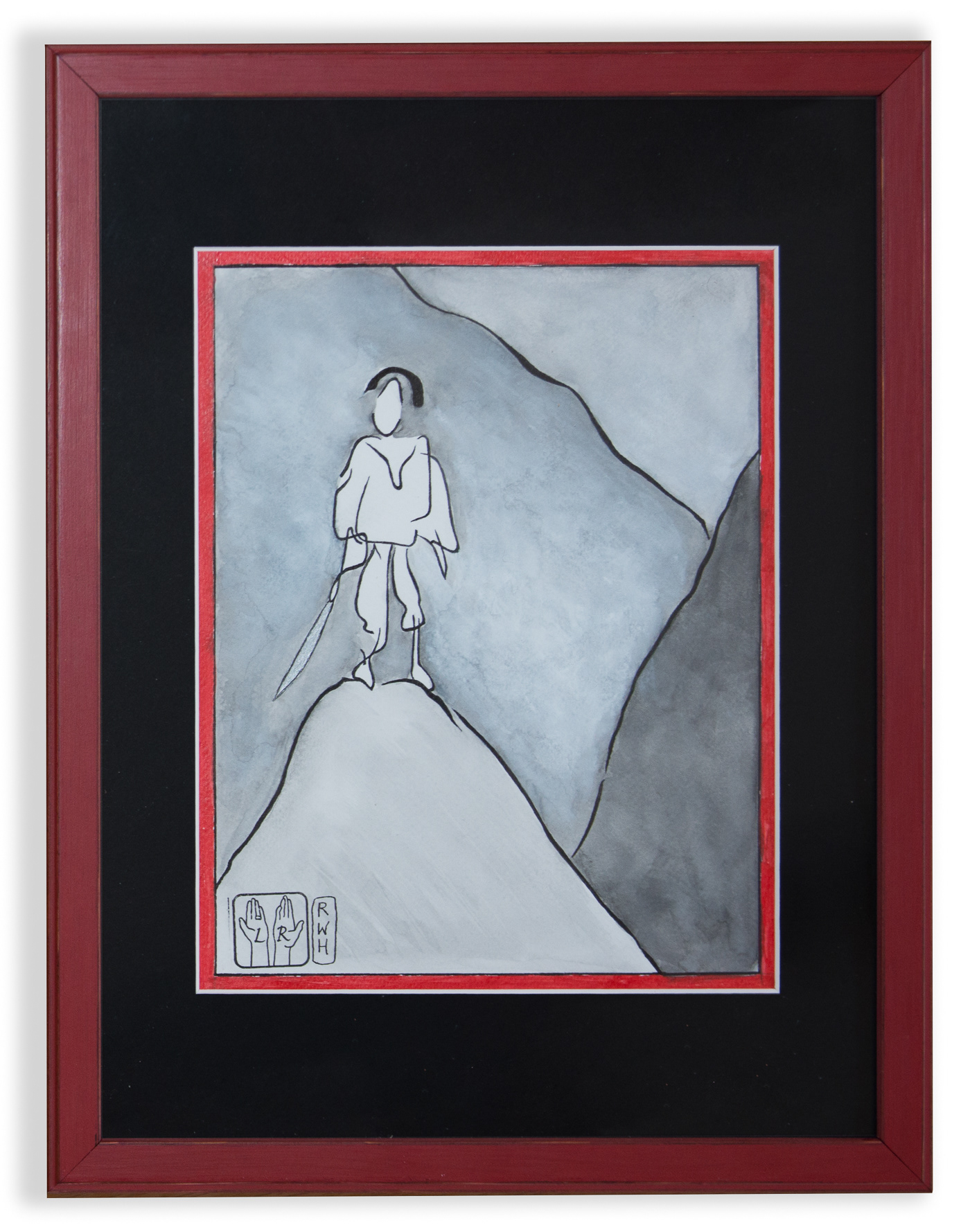 Red wooden frame, black mount. Atmospheric and haunting image of a Samurai Warrior carrying a sword on a mountain top. Pen and ink with the border of the image highlighted with a red ink border