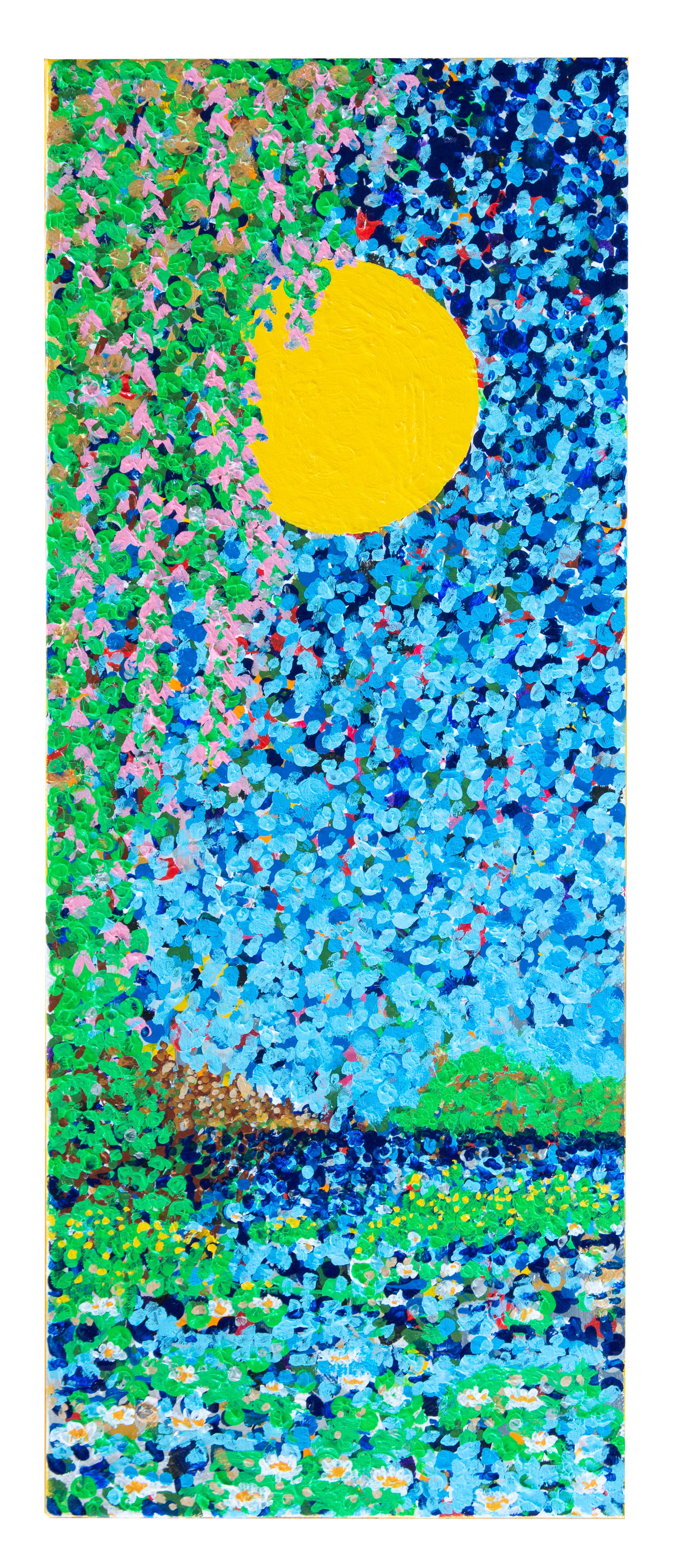 Unframed, highly built up impasto piece, with water lilies, cascading flowers, green leaves, blue sky and a yellow sun. Evokes heat